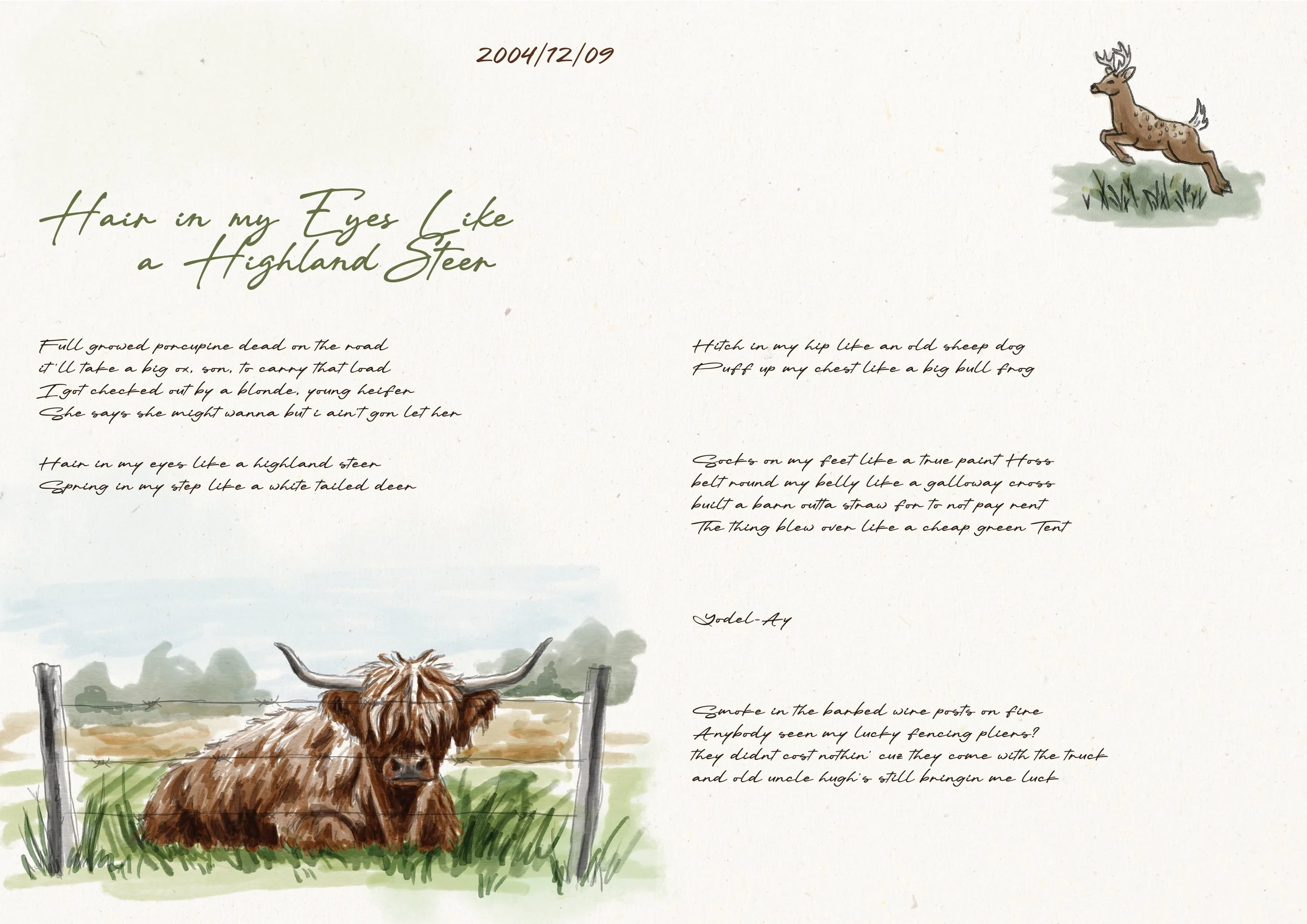 A handwritten poem titled 'Hair in my Eyes Like a Highland Steer' accompanied by watercolor illustrations of a Highland steer, a deer leaping, and a cow lying in grass, on a white background.