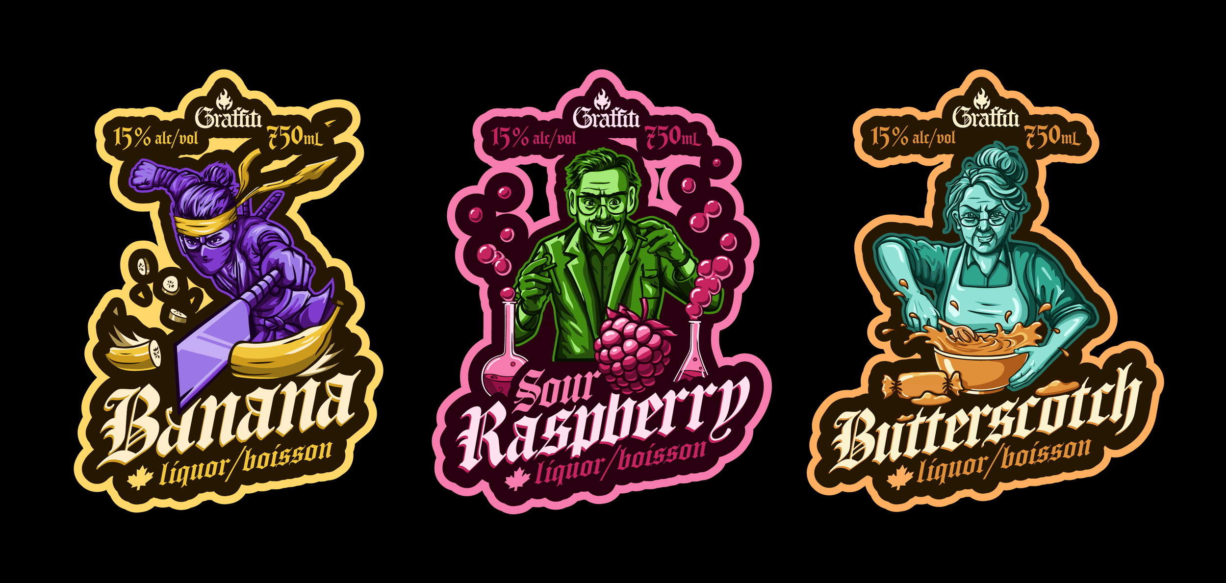Colorful sticker labels for liquor bottles featuring illustrations of people. The first label has a purple ninja chopping a banana with the text "Banana" and details about alcohol content and volume. The second label shows a green scientist with glasses holding a beaker and a bunch of raspberries, with the text "Sour Raspberry" and alcohol details. The third label depicts a woman in an apron mixing a bowl with some ingredients, with the text "Butterscotch" and alcohol details.