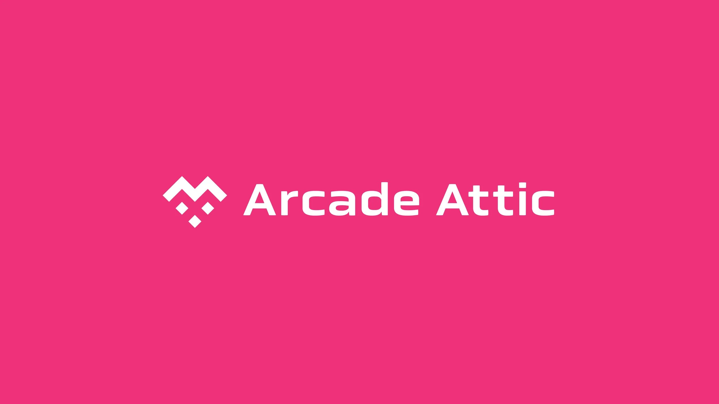 Pink background with white text that says 'Arcade Attic' and a geometric logo.
