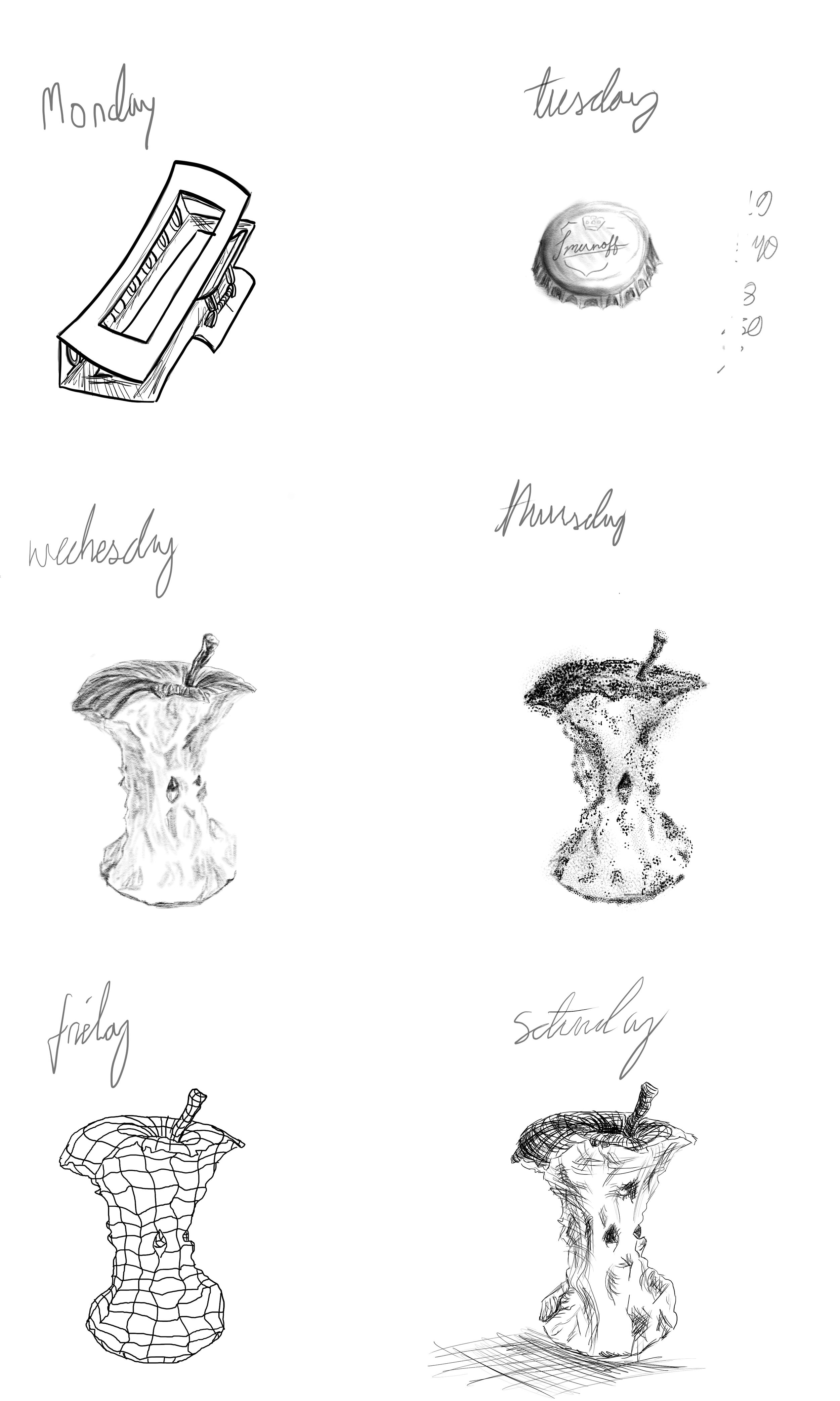 A hand-drawn weekly planner with sketches of an apple core for each day from Monday through Saturday, accompanied by handwritten day labels.