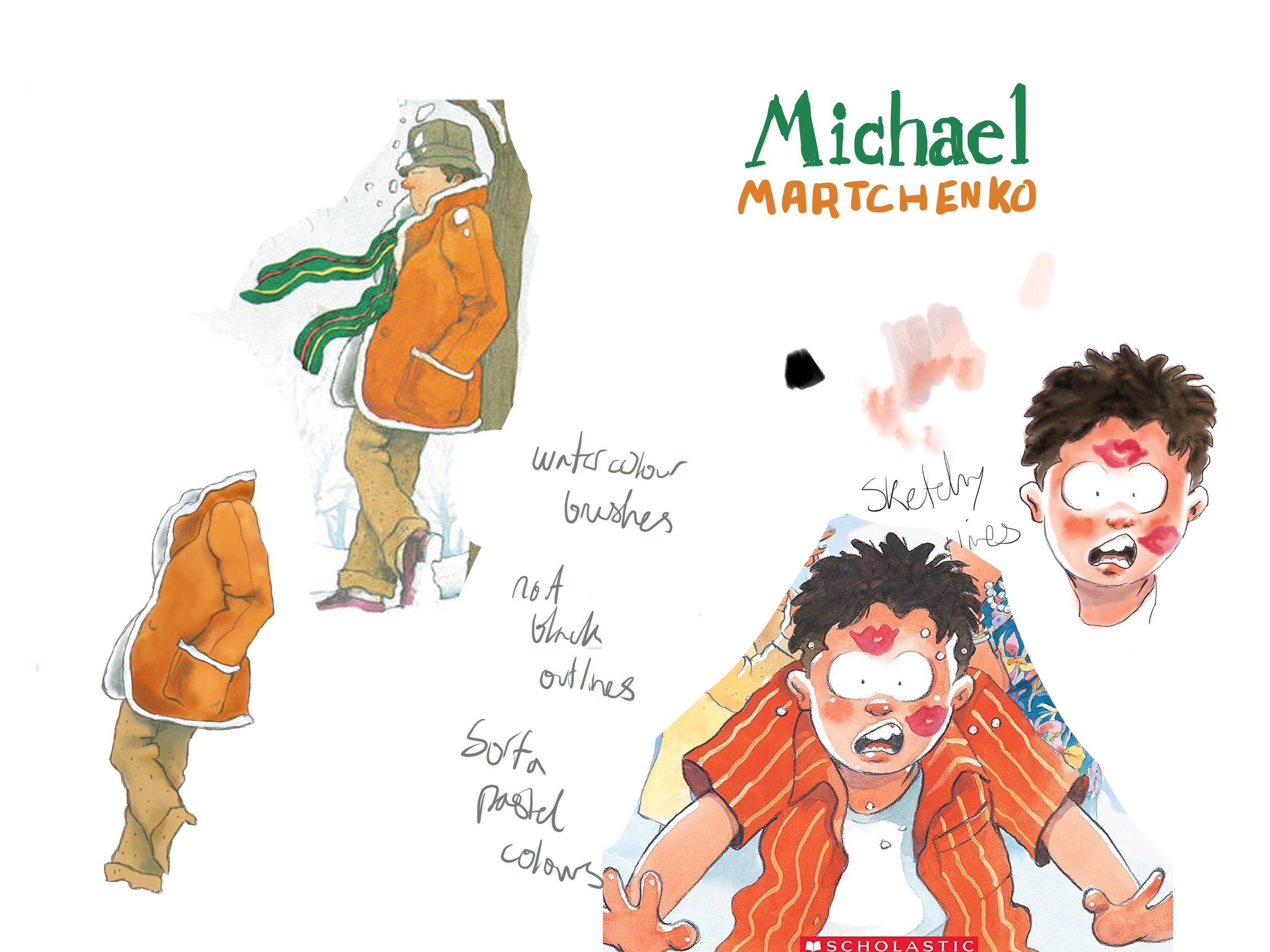 Digital illustration of a boy with curly hair, wearing an orange striped shirt, showing an exaggerated surprised expression with paint-like markings on his face. The illustration features sketches and color notes. The top right corner displays the name 'Michael Martchenko' in colorful text. A small part of a person dressed in winter clothing, including a coat, pants, and striped scarf, is illustrated on the left side.