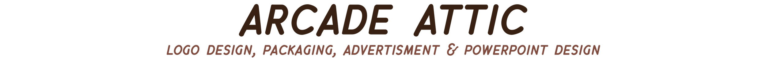 Close-up of a sign that reads 'ARCADE ATTIC' with additional text about logo design, packaging, advertisement, and PowerPoint design.