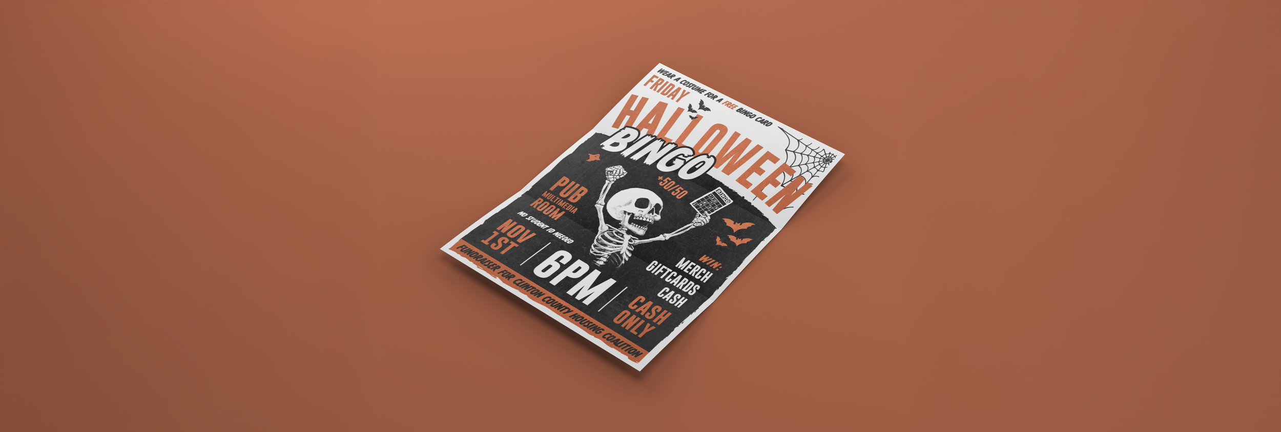 Halloween BINGO event flyer with skeleton, bats, pumpkin, spider web, and black, white, orange colors, details about date, time, location, and activities.