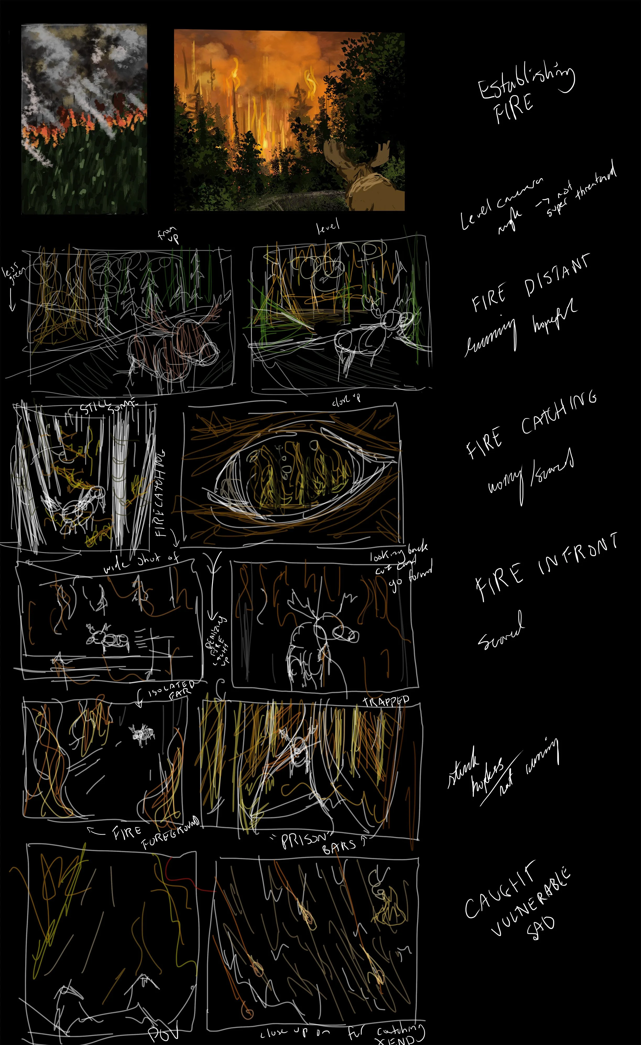 Digital sketches illustrating the stages of establishing and fighting a wildfire, including fire suppression tactics like using fire extinguishers, creating firebreaks, and installing fire-resistant barriers.