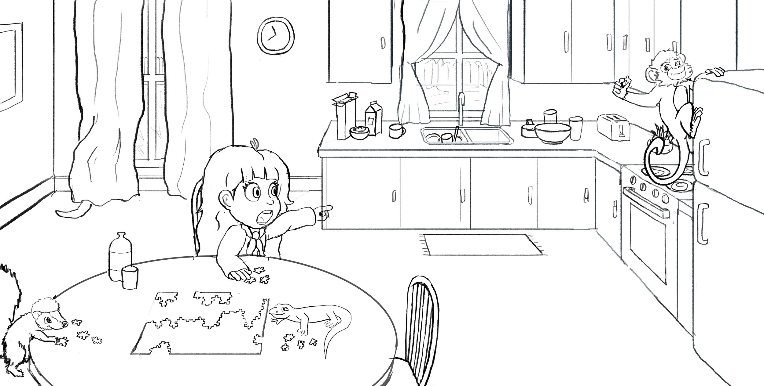 A girl pointing at a table with a partially assembled jigsaw puzzle, a meerkat and a lizard on the table, in a kitchen with a monkey on a counter near the microwave.
