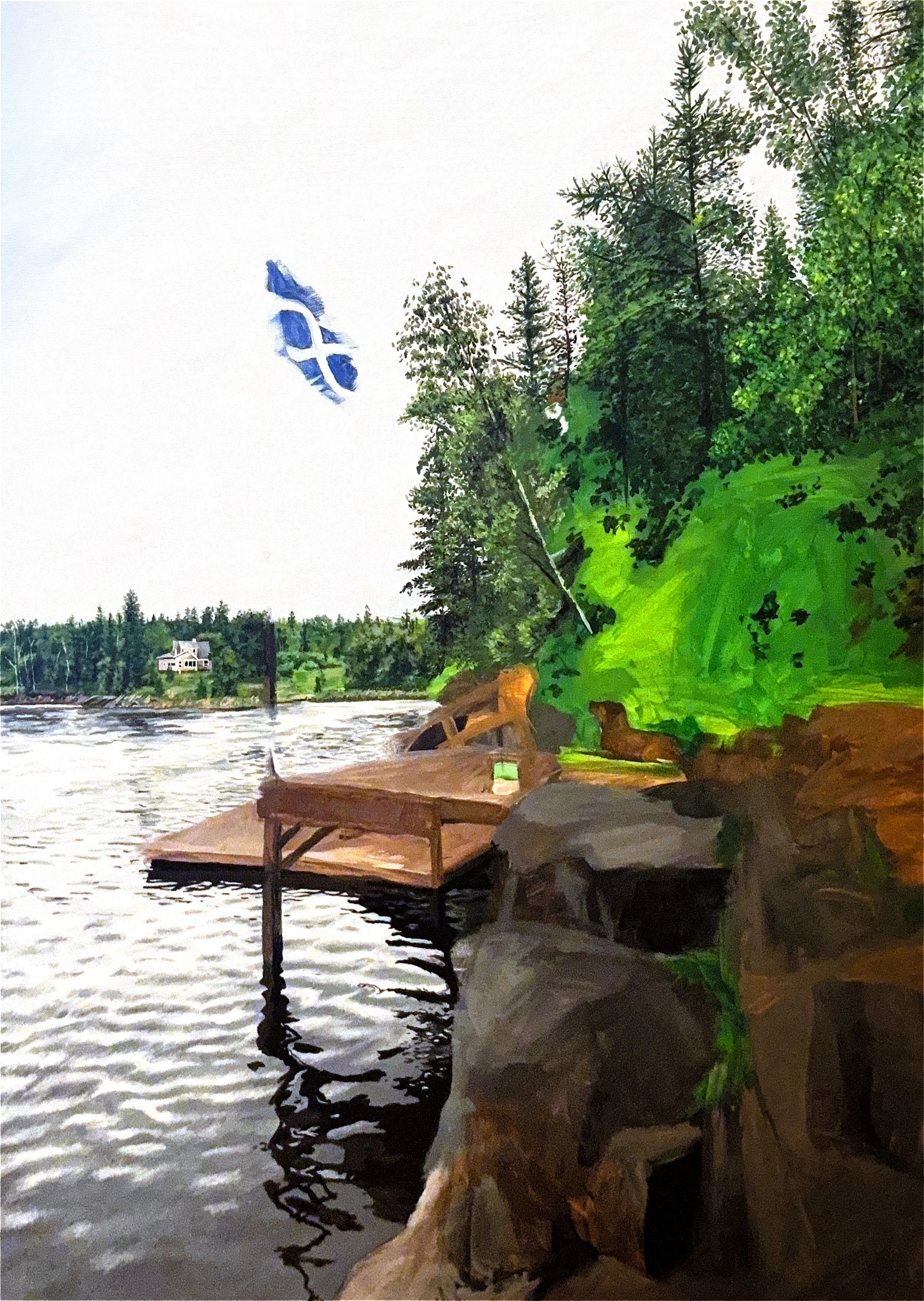 A lakeside scene with a wooden dock extending into the water, surrounded by rocks and dense green trees on a hillside, with a house visible in the distance across the lake, and a mostly cloudy sky.