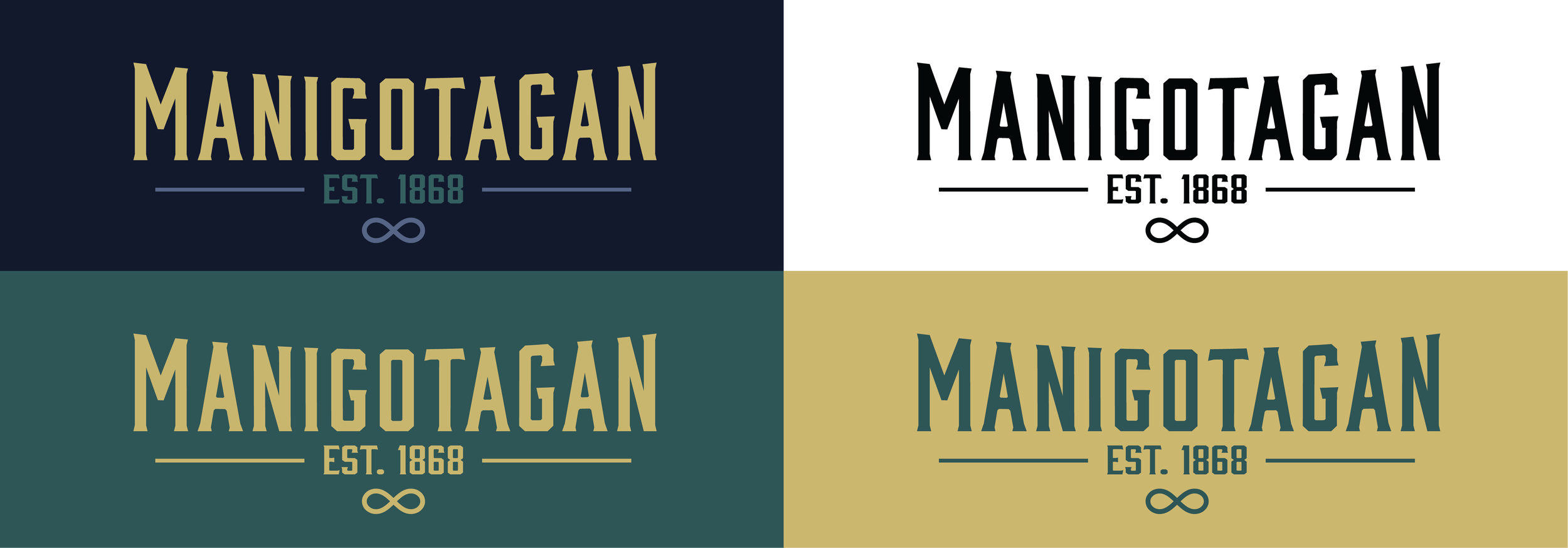 Four variations of a logo reading MANIGOTAGAN EST. 1868 with an infinity symbol and lines, each in different background and text colors.