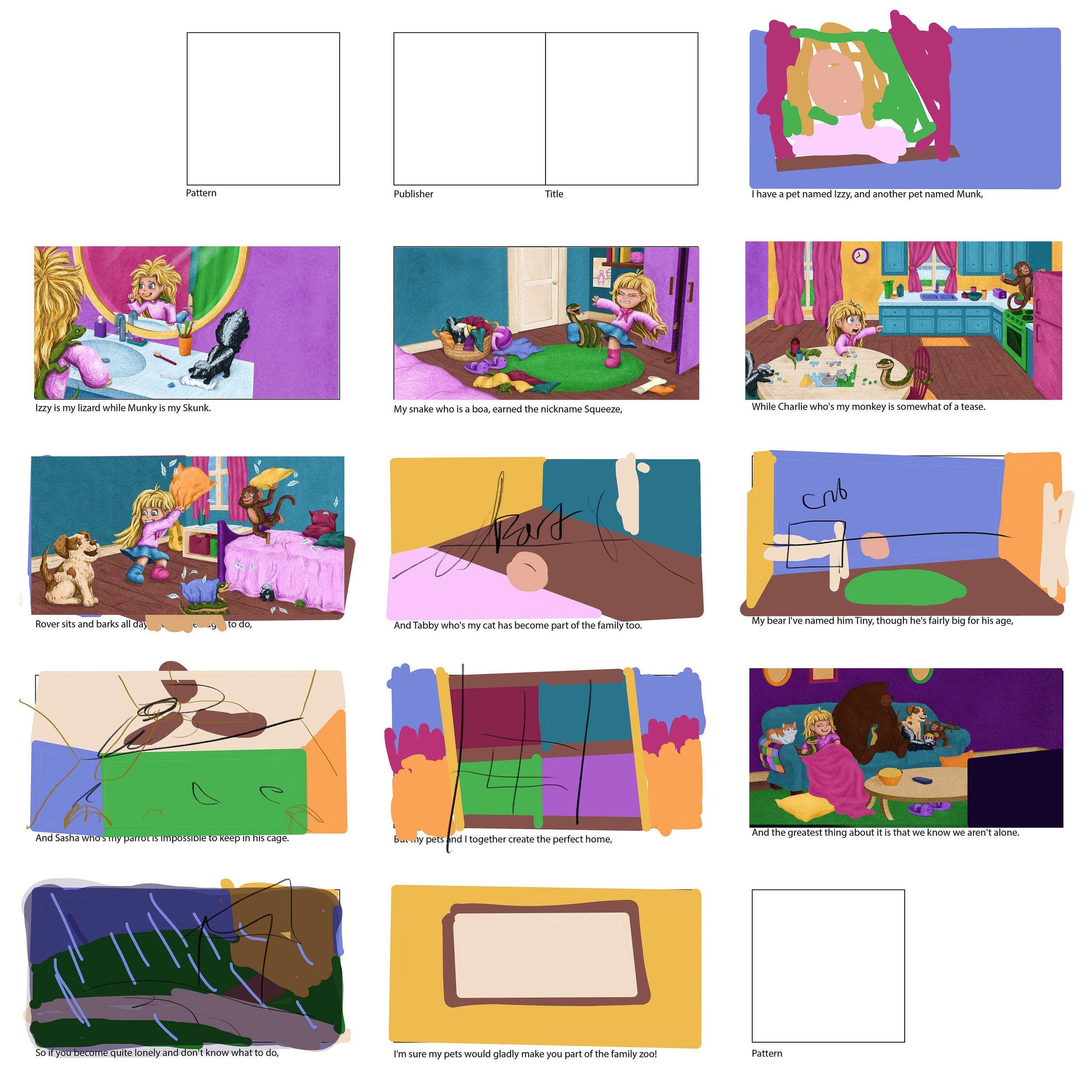 A colorful children's storybook illustration with scenes of a girl named Izzy and her pets, including a lizard, snake, monkey, cat, bear, parrot, and others, in various settings of a home and their pet adventures.