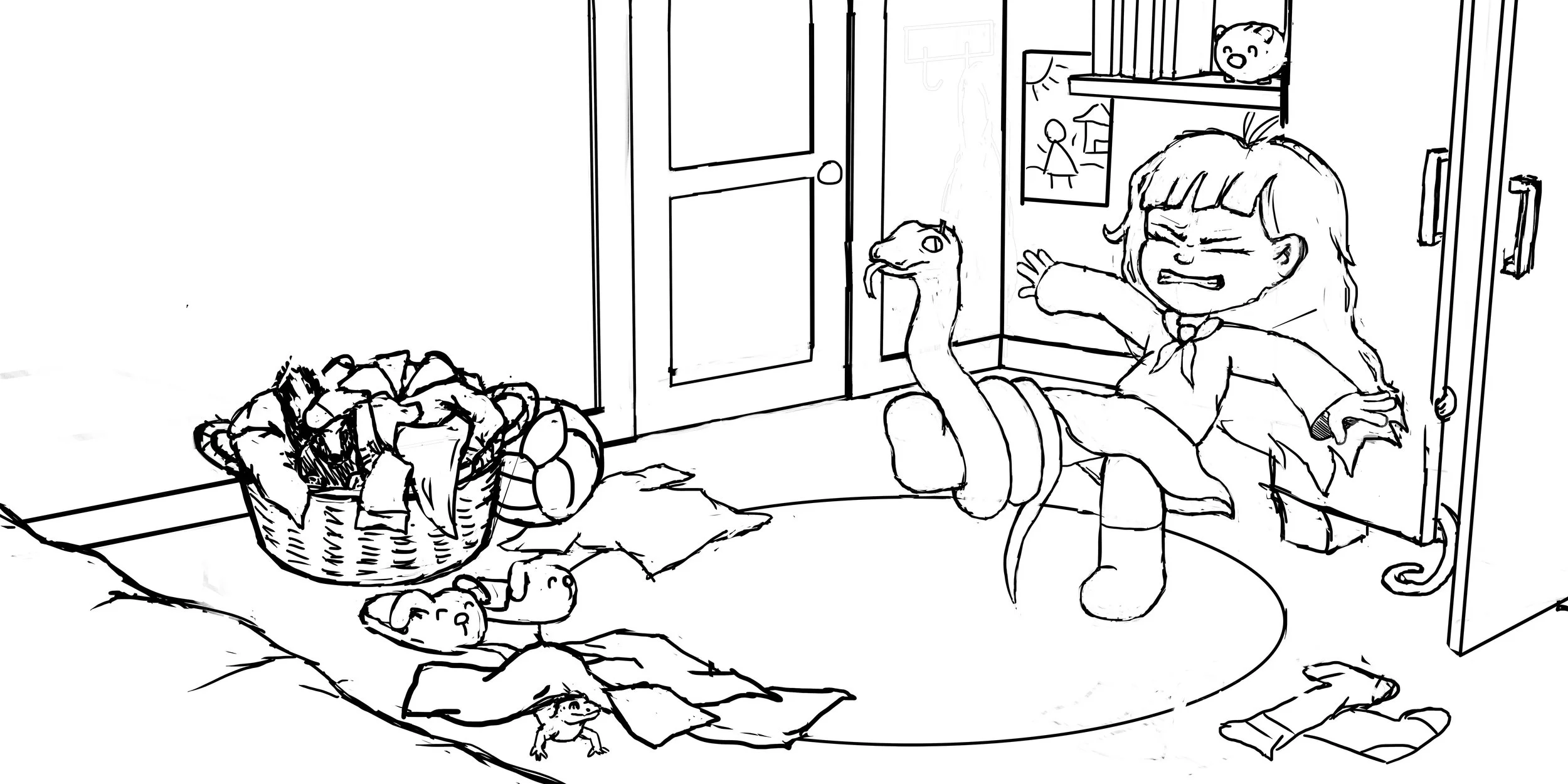 A girl in a room sitting on a chair with an angry expression, extending her arm toward a snake. The room has a pile of clothes or laundry on a blanket, some discarded papers, and a small frog on the floor. There is a door, a bookshelf with books and a decorated item, and drawings or posters on the wall.