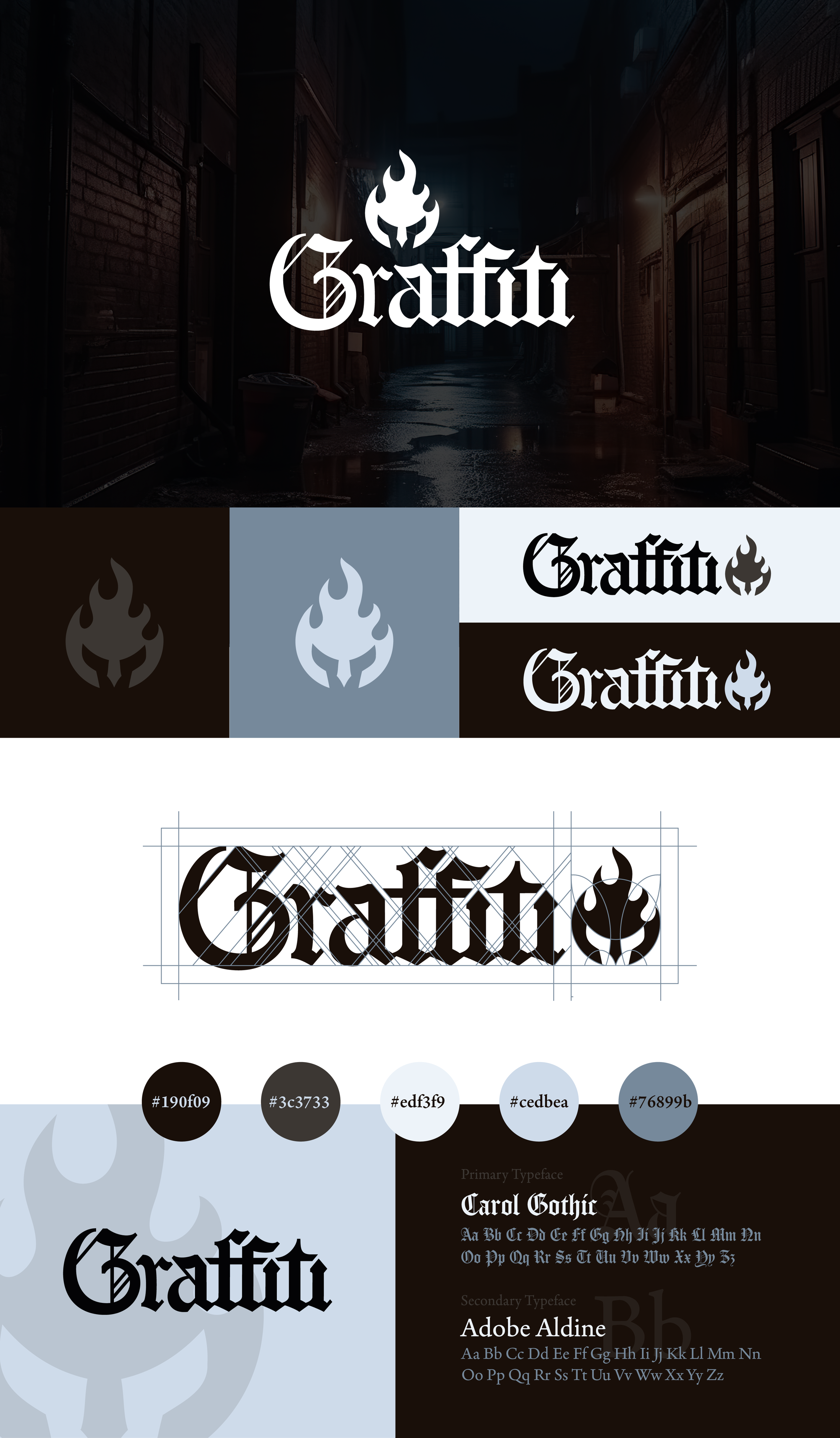 Design process for a graffiti-style logo, featuring the word 'Graffiti' in gothic font with flame icon, color palette of dark and cool tones, and font samples of Caral Gothic and Adobe Aldine.