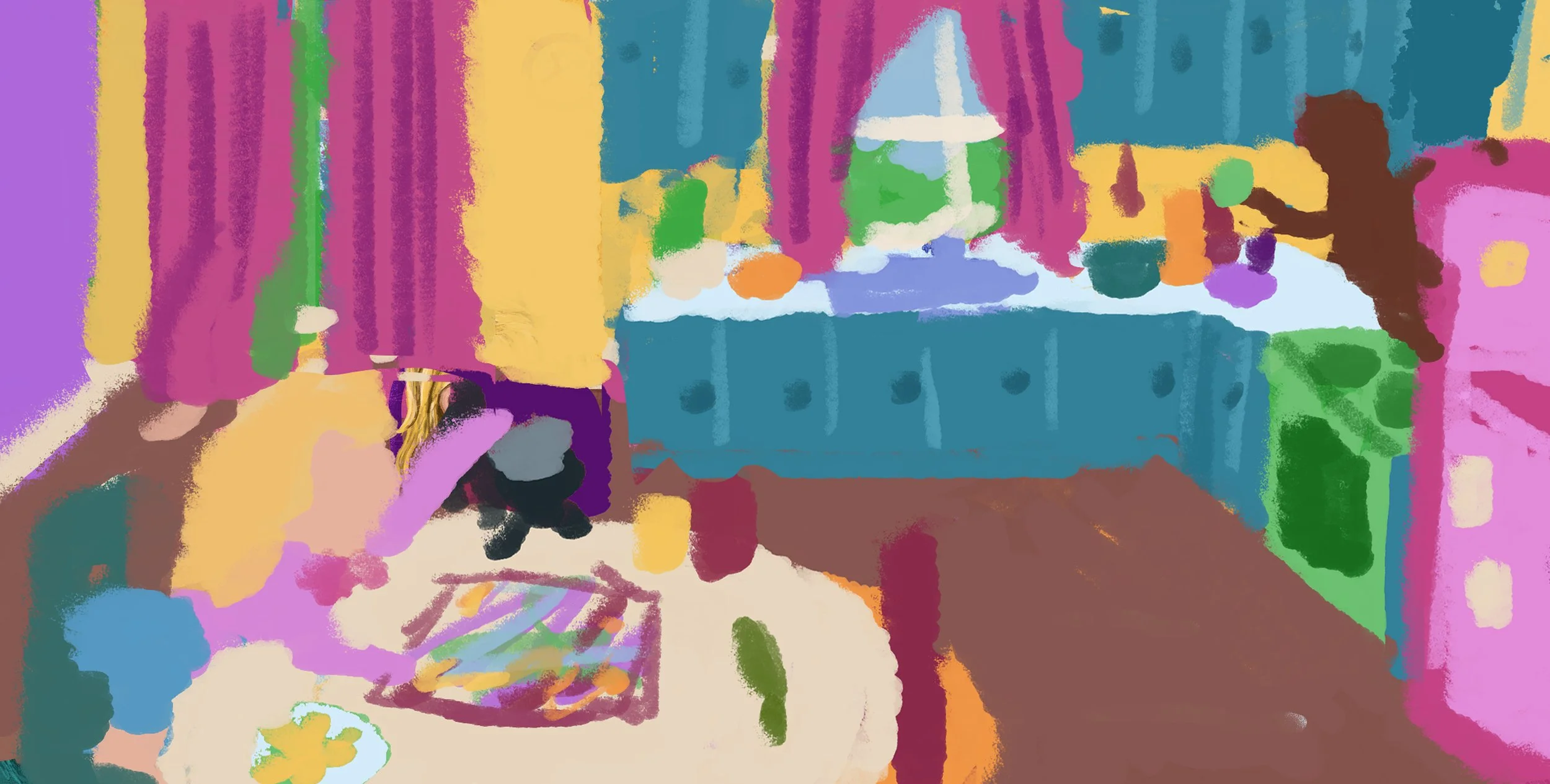 A colorful, abstract painting of a room with a table set with food and drinks, a person reaching for something, and a window with drapes.