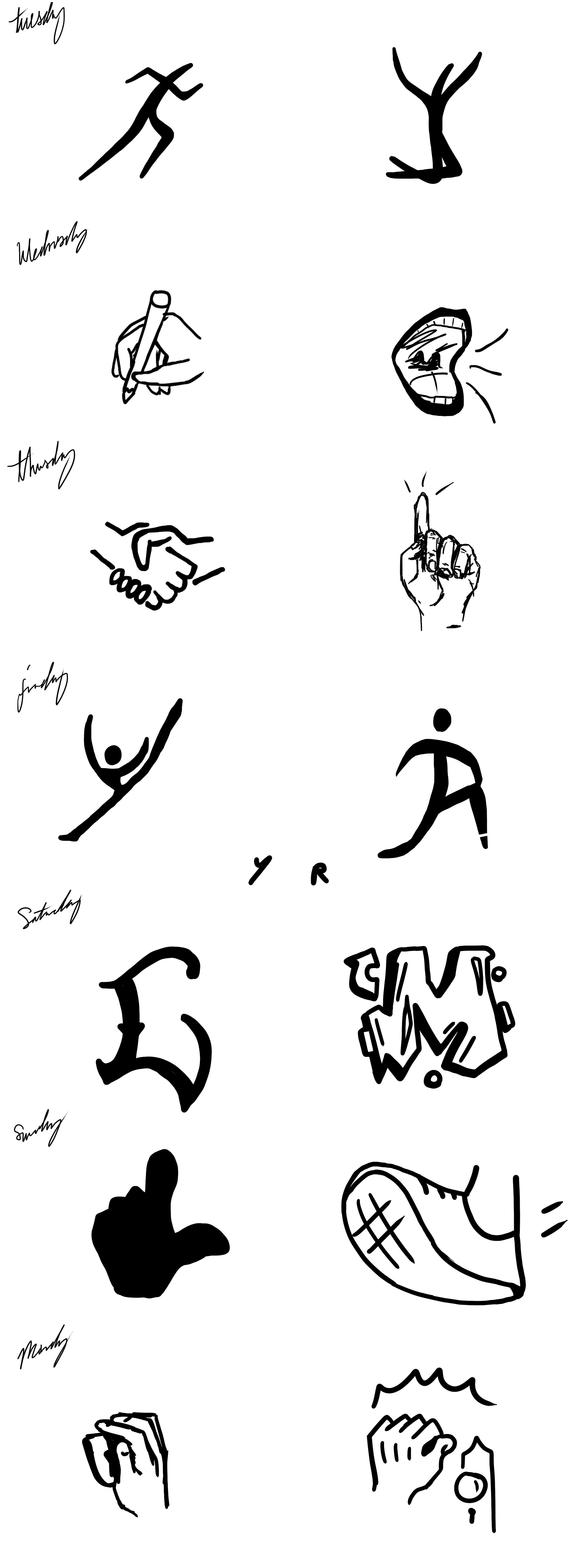 A series of black and white doodle-style illustrations representing the days of the week, from Monday to Sunday, along with various symbols and gestures including a handshake, a person's face with an open mouth, a person doing a yoga pose, a large letter 'B', a thumbs-up, a clenched fist, a hand making a peace sign, a shoe, a fist bump, and an open door.