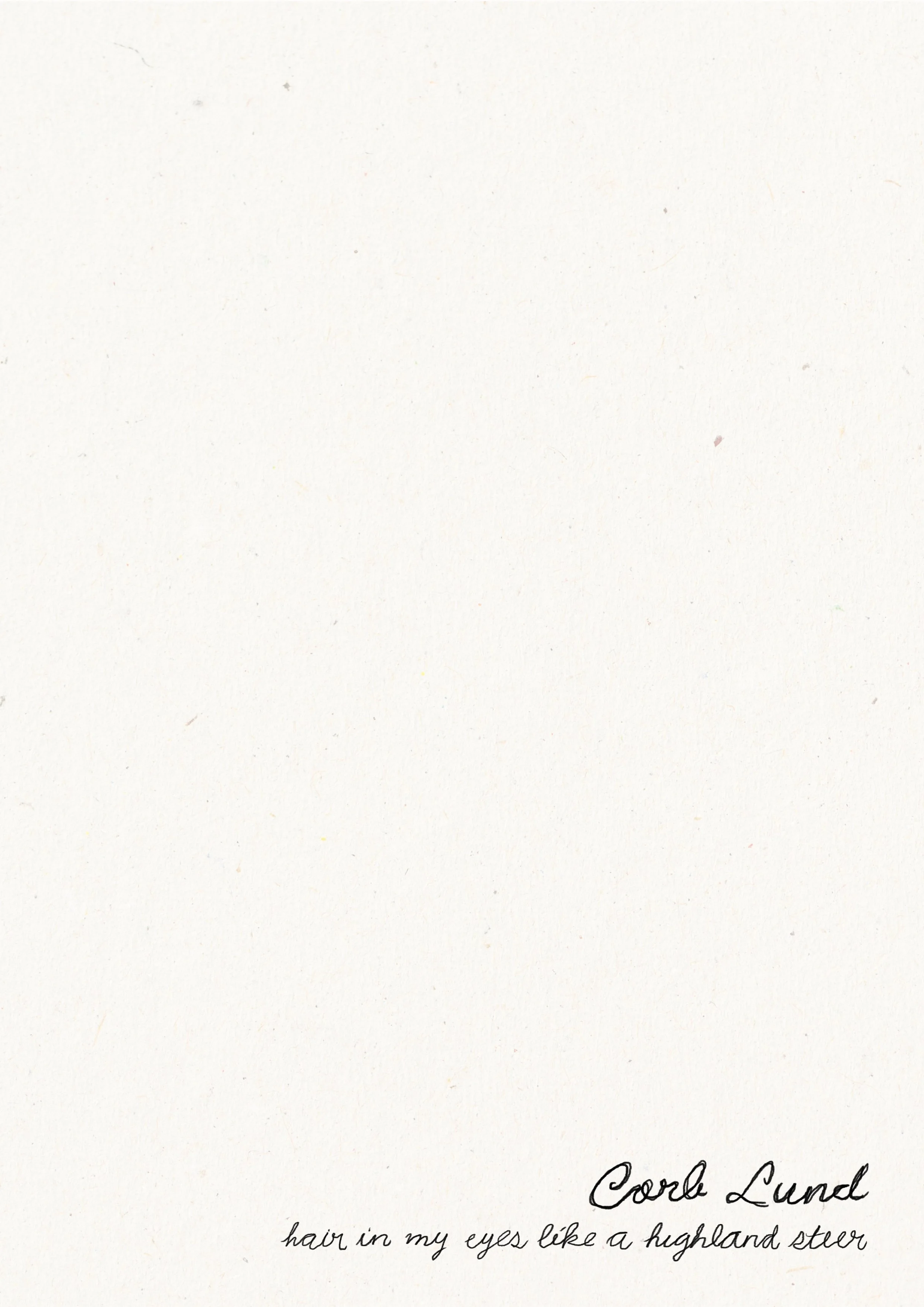 A blank white piece of paper with a handwritten signature 'Cord Lund' in the bottom right corner and the phrase 'hair in my eyes like a hawland stew' written below it.