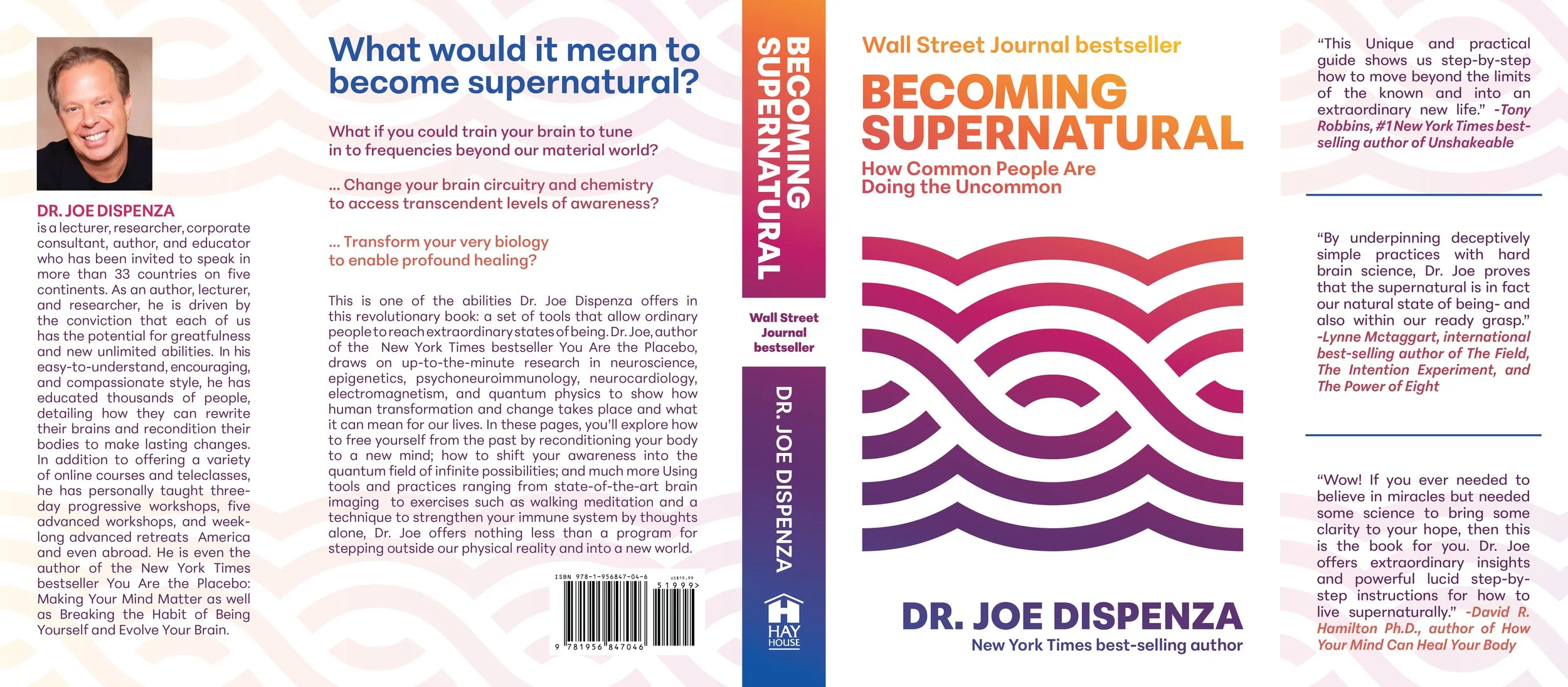 The front cover of the book 'Becoming Supernatural' by Dr. Joe Dispenza, featuring a purple and orange wave graphic and reflections of quotes. The spine displays the title and author's name, and the back cover provides a biography of the author.