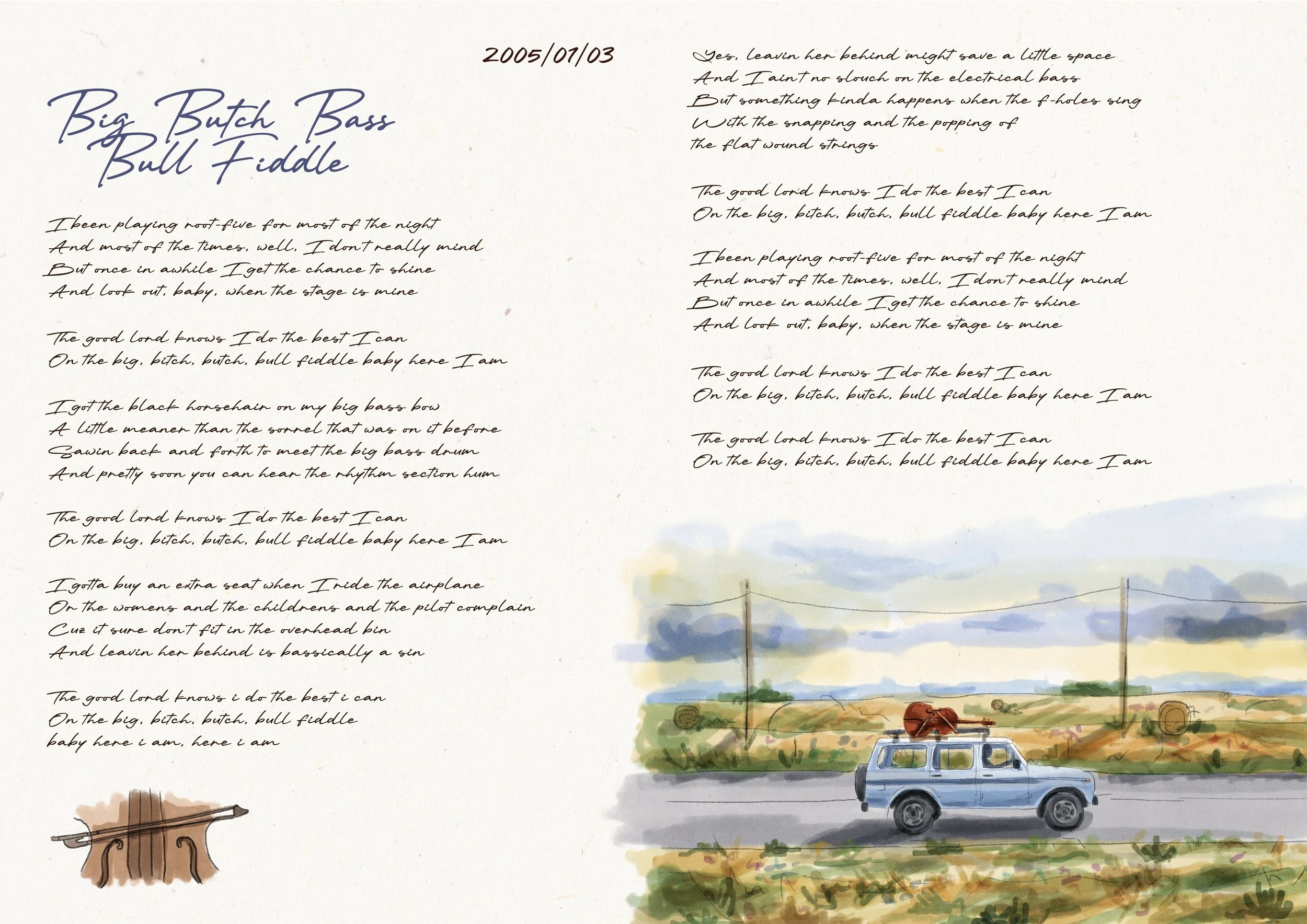 Handwritten song lyrics titled "Big Butch Bass Bull Fiddle" with a small watercolor painting of a blue car on a rural road, with hay bails and a cloudy sky in the background.