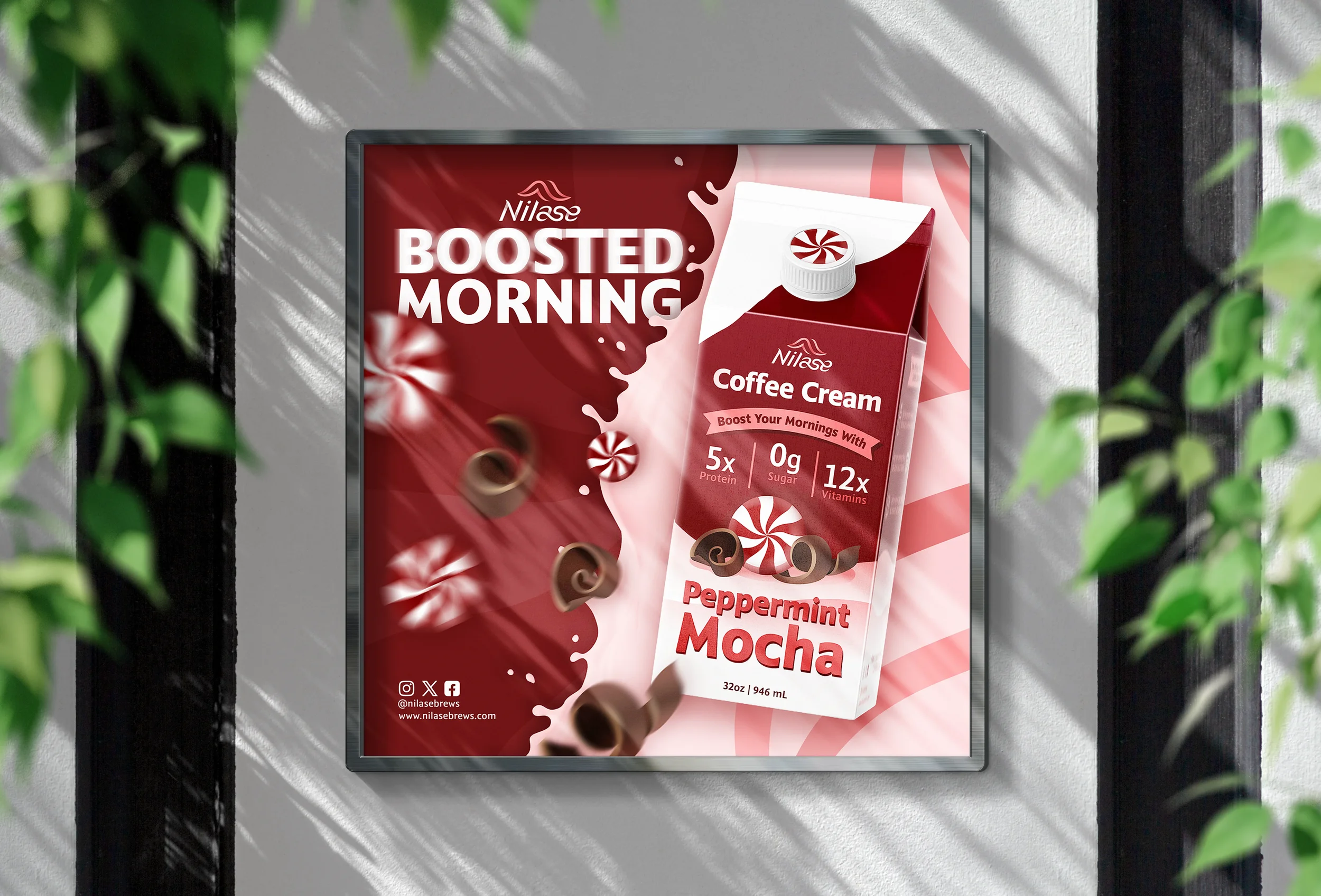 Advertising poster for Nilase Peppermint Mocha Coffee Cream featuring a carton of coffee creamer with a peppermint mocha flavor, with coffee cups and peppermint candies, and text highlighting 5g protein, 0g sugar, and 12x vitamins.
