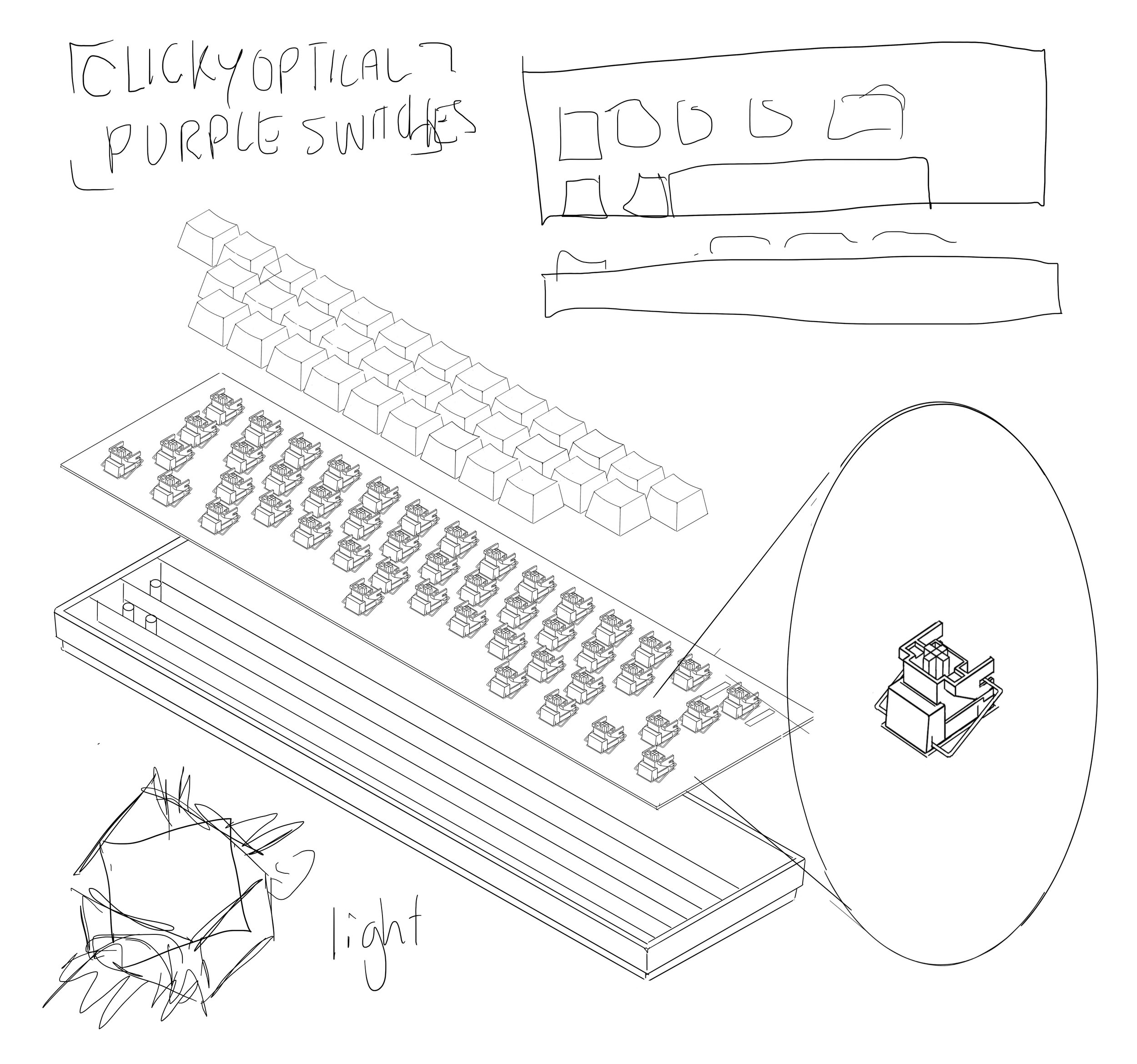 A sketch of a computer keyboard with keys and a small detailed view of the switches underneath, with handwritten labels and notes.