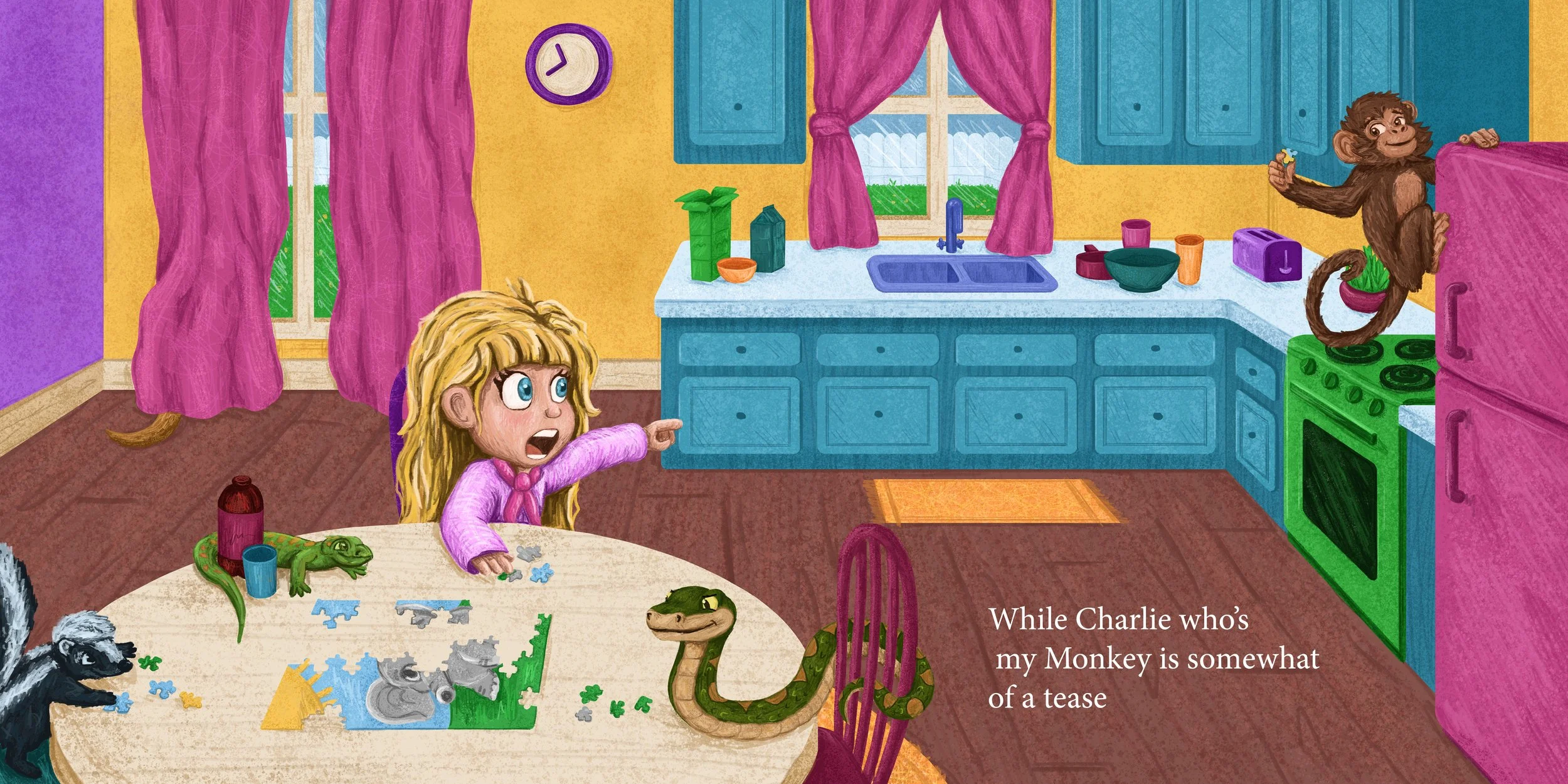 A girl with long blonde hair in a pink shirt at a dining table, pointing with an alarmed expression, surrounded by three small reptiles, including a green lizard, a gray turtle, and a yellow-and-green snake. In the background, a monkey is climbing on and holding a pink refrigerator. The kitchen has blue cabinets, a yellow wall, purple curtains by the windows, and a brown floor. There is a clock on the wall, and some kitchen items like bowls and containers on the countertop. The scene includes playful chaos, with the monkey causing mischief while the girl reacts with surprise.