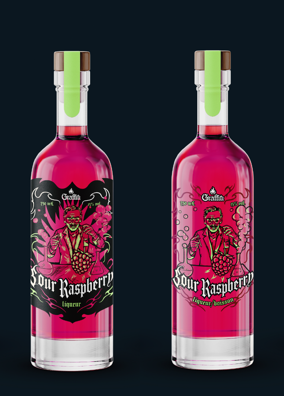 Two bottles of raspberry liqueur labeled 'Pour Raspbery,' featuring a cartoonish man with glasses and a lab coat, surrounded by pink bubbles and chemical flasks, with a black and pink color scheme.