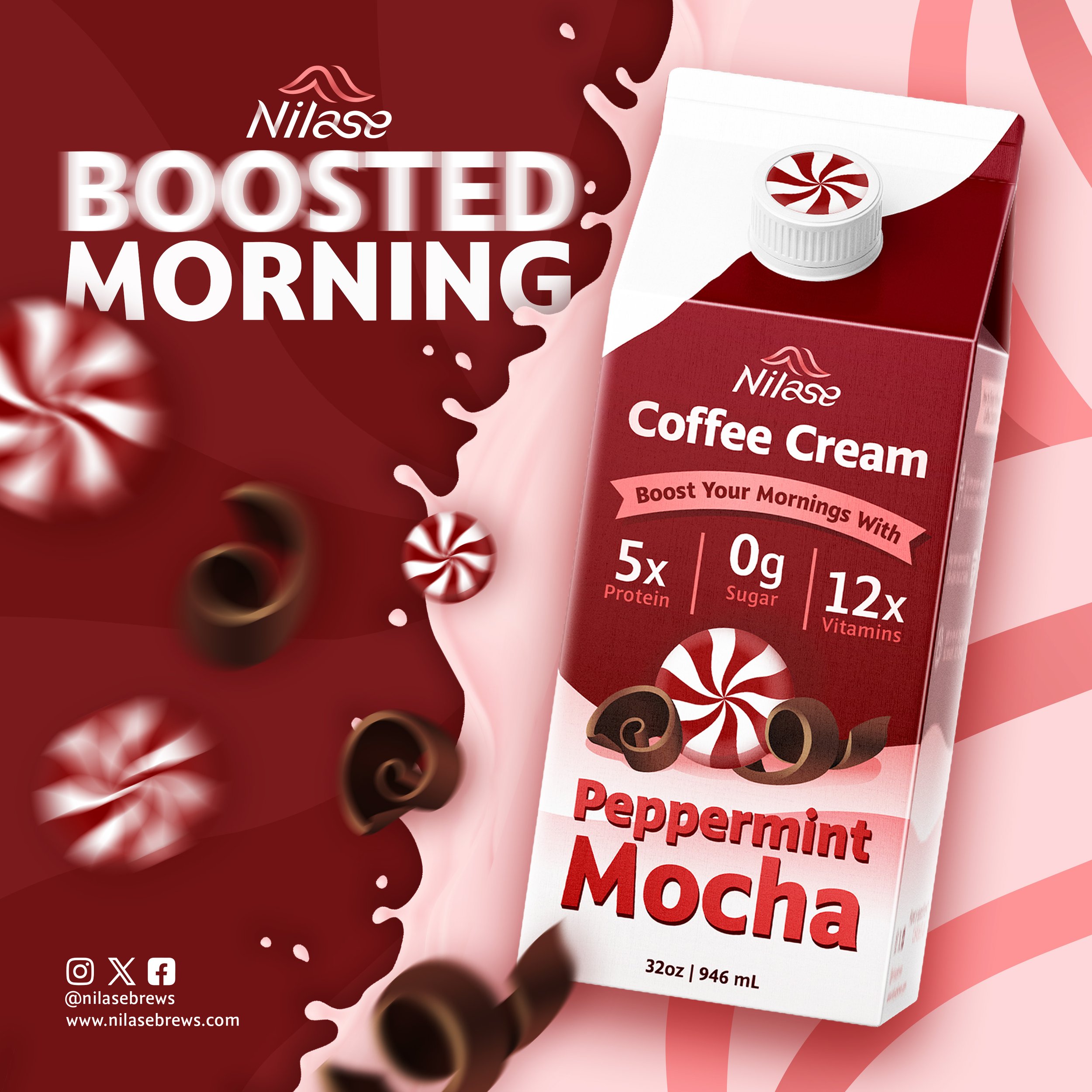 An advertisement for Nilase Peppermint Mocha coffee cream milk, with a red and pink background, displaying a carton of the product with peppermint and mocha swirl graphics, and text highlighting its benefits like five times the protein, zero grams of sugar, and twelve times the vitamins.