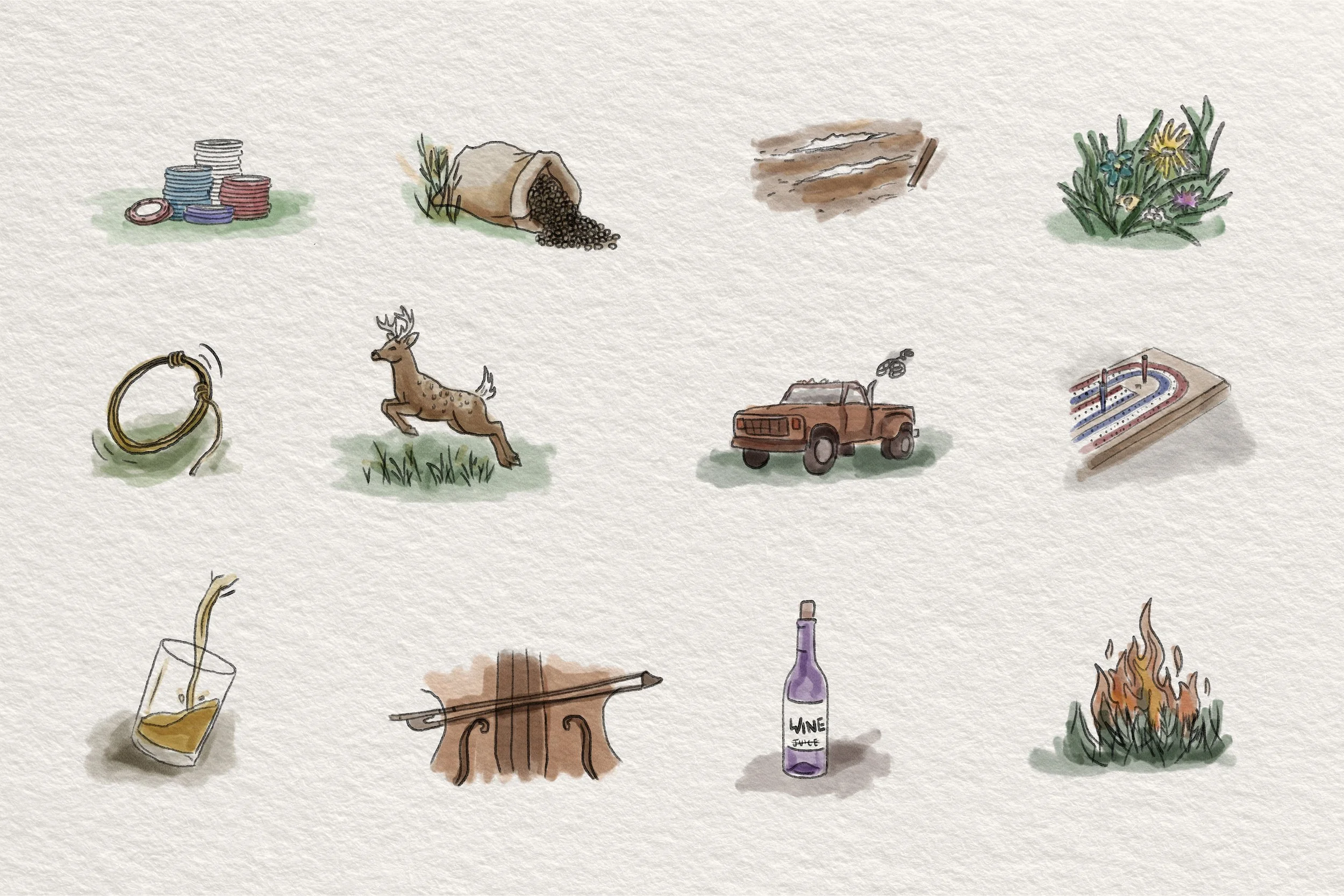 Collection of twelve illustrated items including poker chips, a bag of coffee beans, wooden sticks, flowers, a gold bracelet, a running deer, a brown car, a game board, a glass of beer, a violin, a bottle of wine, and a campfire.