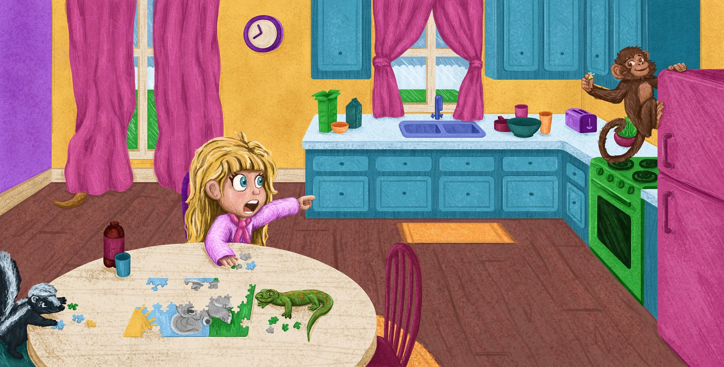 A girl with long blonde hair and blue eyes points toward a monkey on the stove in a colorful kitchen. The girl looks surprised. A dog is on the table with puzzle pieces and a small bottle. The monkey is holding a cookie near the pink refrigerator. The kitchen has blue cabinets, pink curtains, a yellow wall, and a wooden floor.