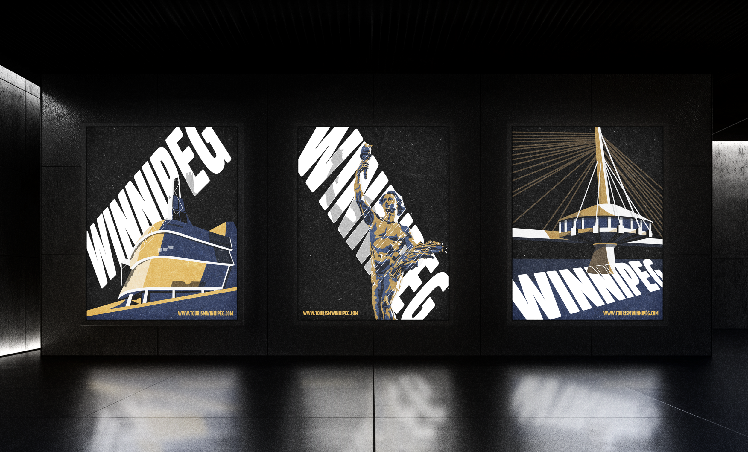 Three vintage-style posters promoting tourism in Winnipeg, featuring a building, a statue, and a pavilion with rays of light, all with 'www.tourismwinnipeg.com' at the bottom.