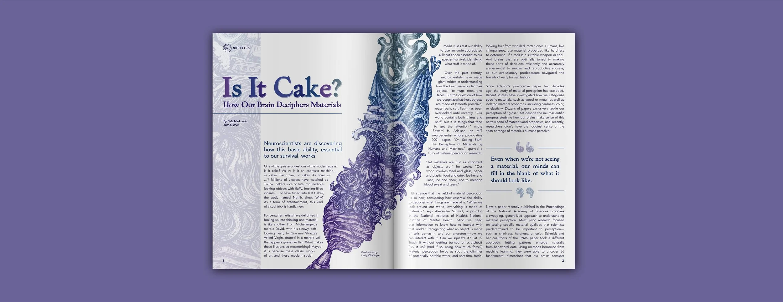 Open magazine spread titled "Is It Cake? How Our Brain Deciphers Materials." featuring text about neuroscience and perception, with artistic illustrations of a brain and a ship.