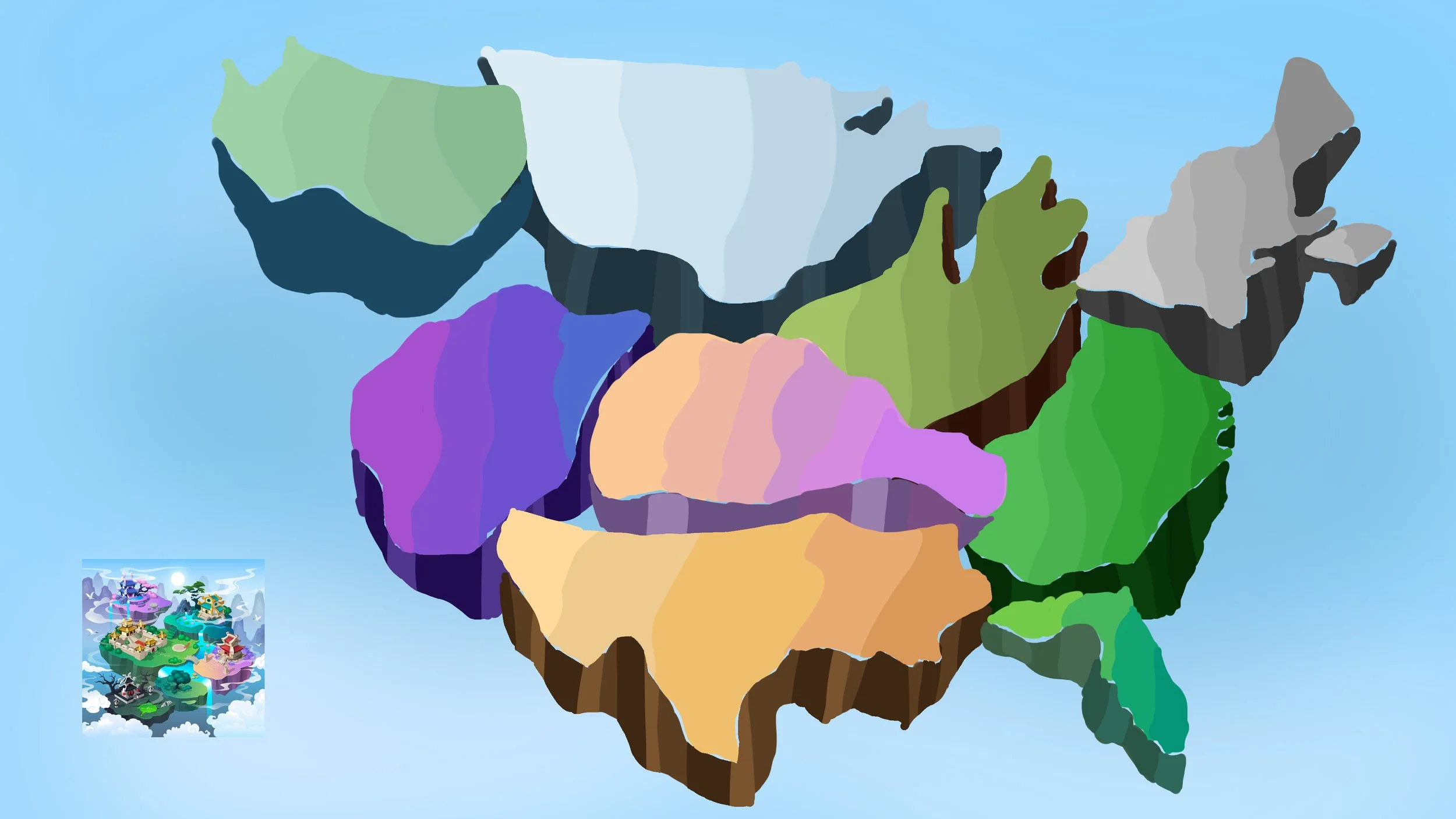 A colorful, stylized map of the United States divided into different states, each represented with a different color, set against a light blue sky background.