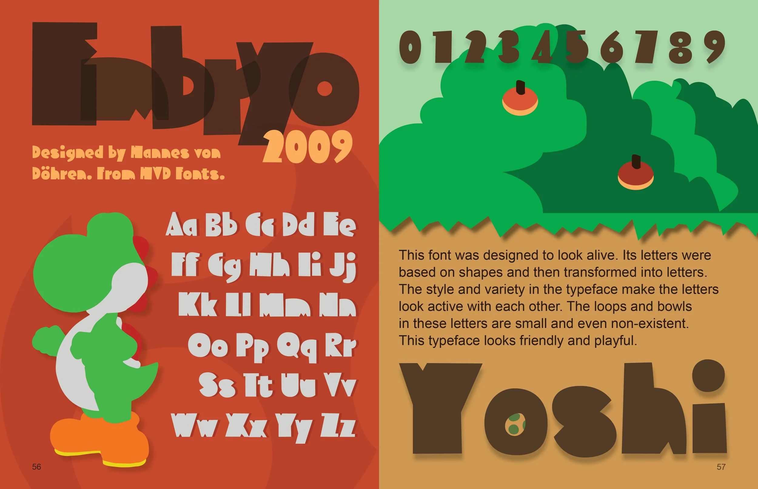 Colorful, playful children's font chart with alphabet, numbers, and character illustration titled 'Yoshi.'