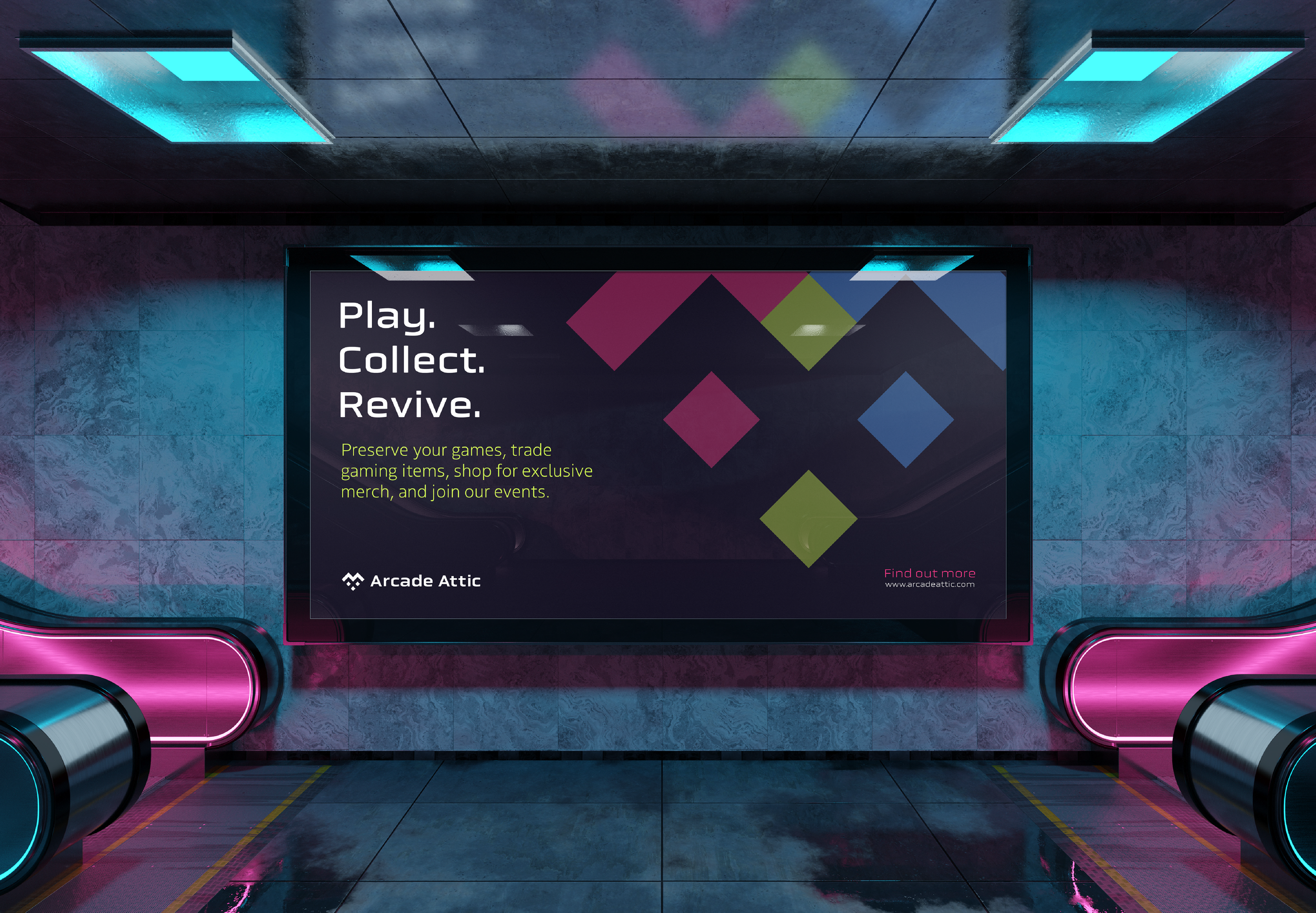 Digital advertisement in a futuristic arcade setting featuring neon pink and blue lighting, promoting gaming community activities like playing, collecting, and reviving games.