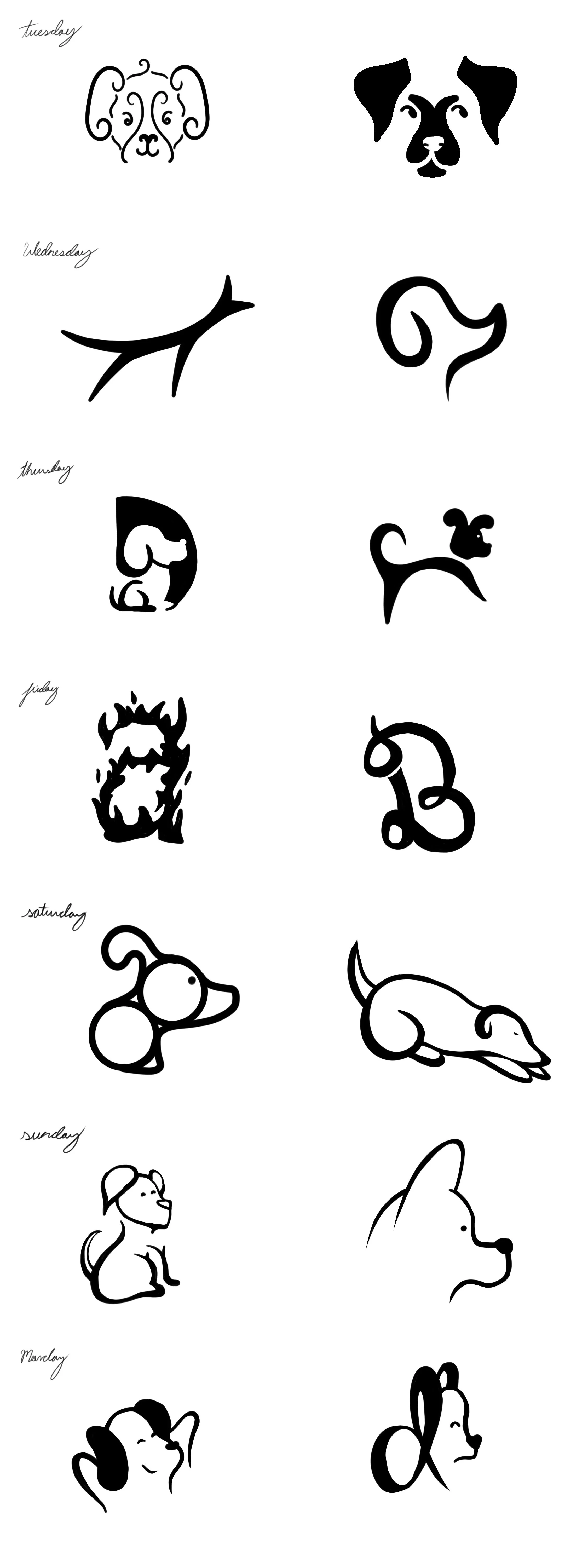 A weekly calendar illustrating different dog breeds and their names for each day, with stylized black and white line art of various dog breeds and handwritten day labels.