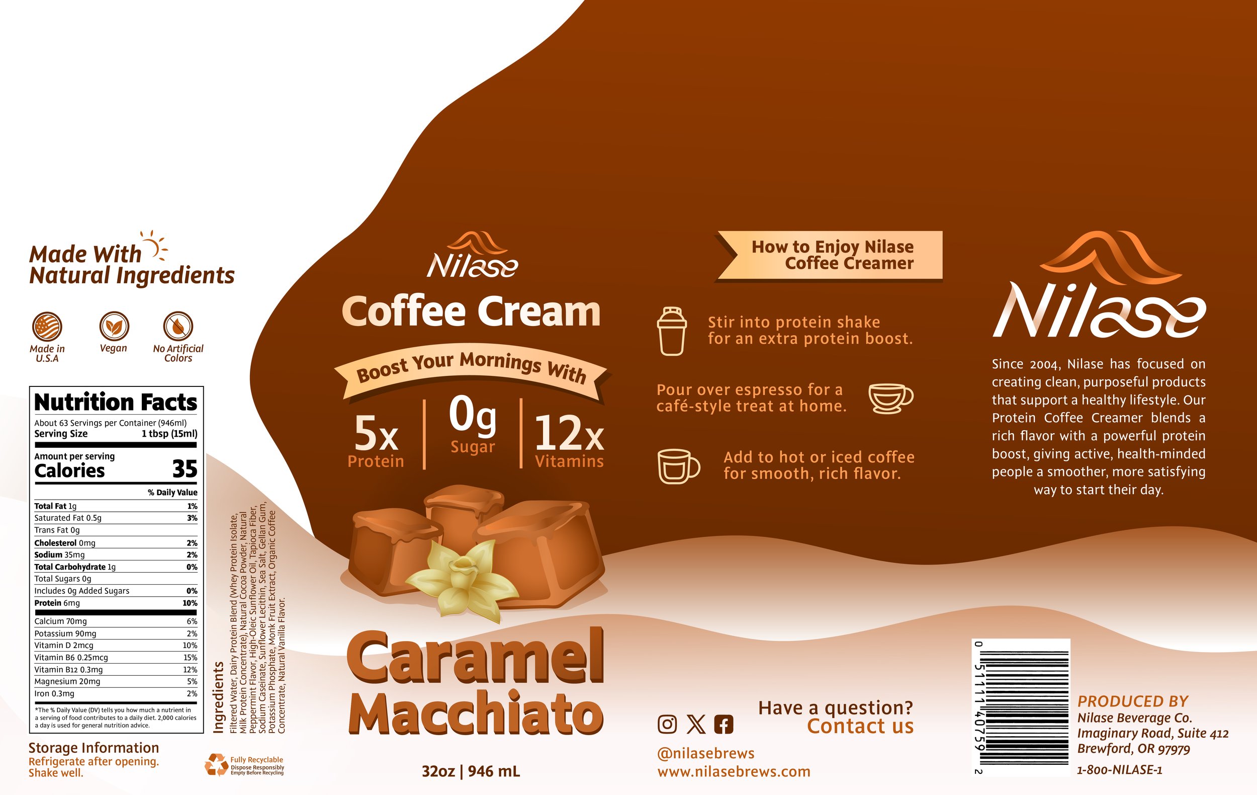 Packaging label for Nilase Caramel Macchiato Coffee Creamer, featuring product description, nutritional facts, usage instructions, ingredients, and manufacturer details. The design has a brown background with images of caramel squares and a vanilla flower, and icons indicating vegan, gluten-free, no artificial colors, and made in the USA.