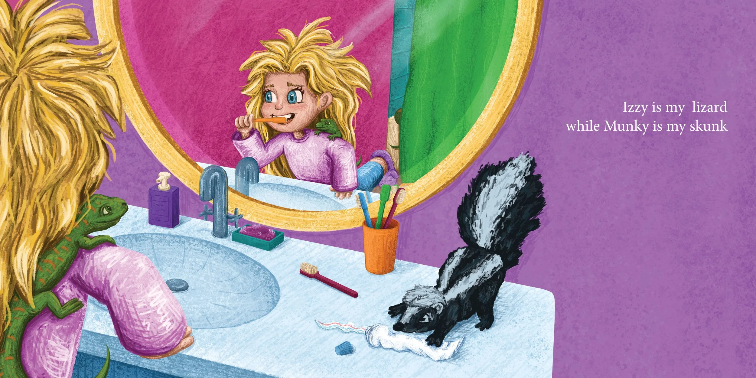 A girl with long yellow hair and a purple shirt brushing her teeth in front of a mirror. She has a green lizard on her shoulder. In the bathroom, there is a purple soap dispenser, a toothbrush holder with toothbrushes, a red toothbrush, and a black-and-white skunk chewing on a toothbrush. The background wall is purple, and a green curtain is partially visible. The scene includes a reflection of the girl and her animals in the mirror. On the right side, there is text that reads, 'Izzy is my lizard while Munky is my skunk'.