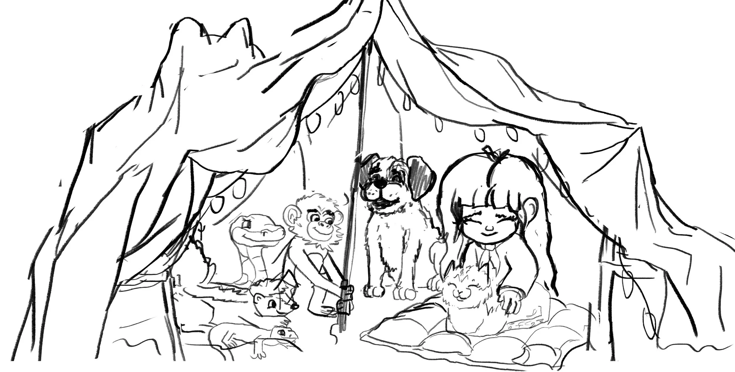 A cartoon-style drawing of animals and a girl inside a circus tent with curtains and string lights. The animals include a snake, a monkey, a dog, a lion, and another smaller animal. The girl is sitting on a cushion near the lion, which appears to be performing or resting.