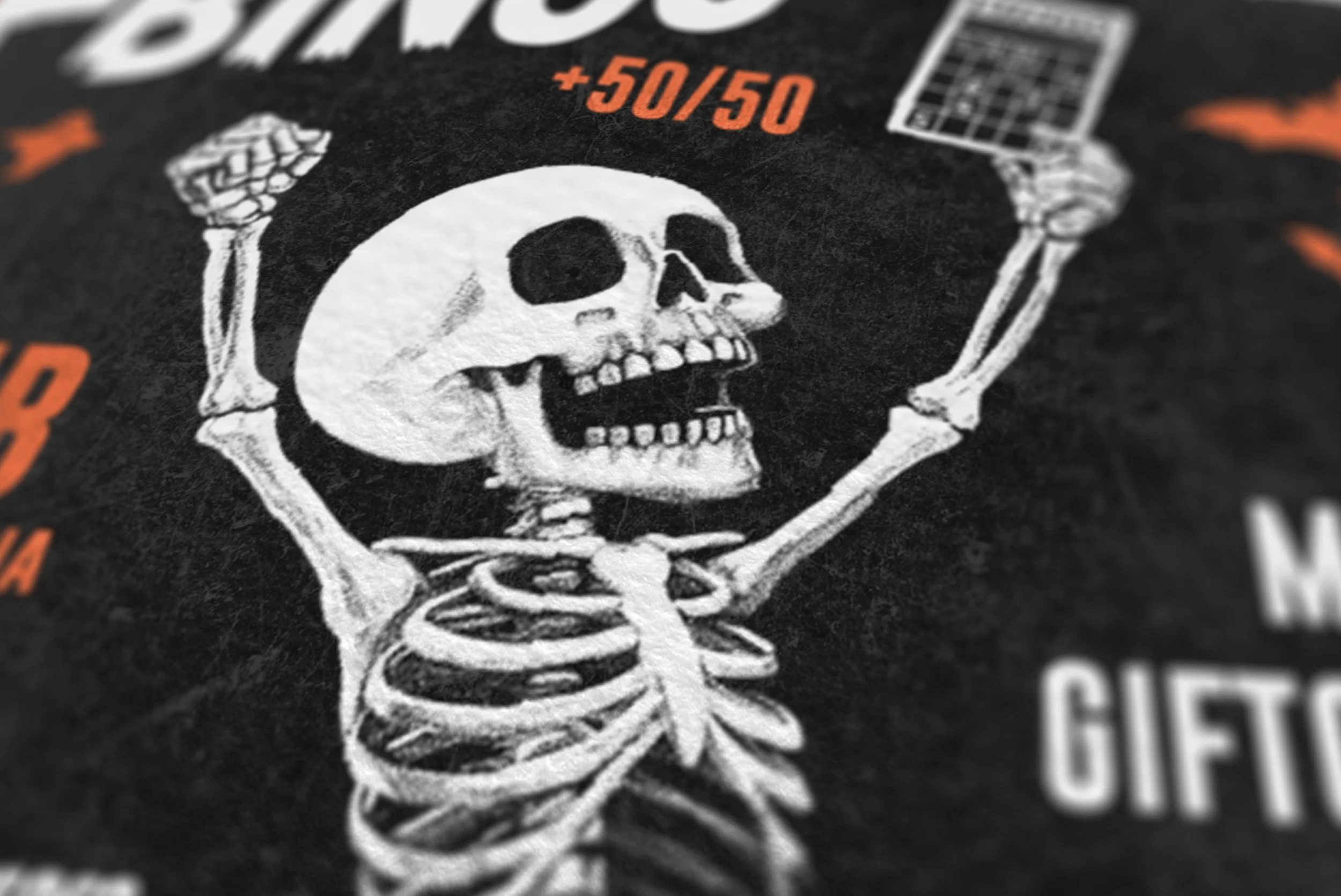 Skeleton illustration with a raised arm holding a coffee maker, on a black background with orange and white text.