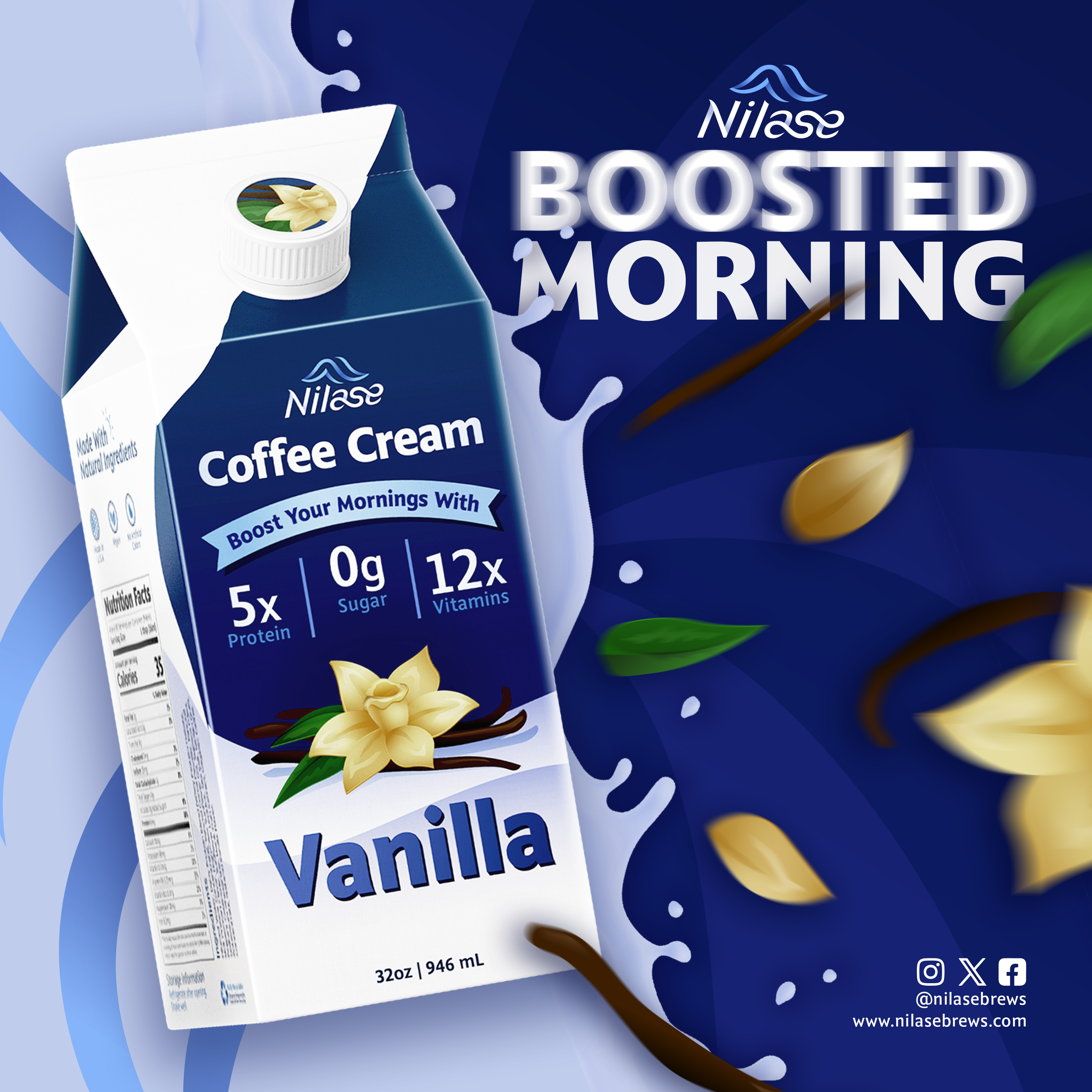 A carton of Nilase Vanilla Coffee Cream with the label highlighting that it boosts mornings with 5 times the protein, zero grams of sugar, and 12 times the vitamins. The carton is shown with a splash effect, vanilla beans, and leaves in the background.
