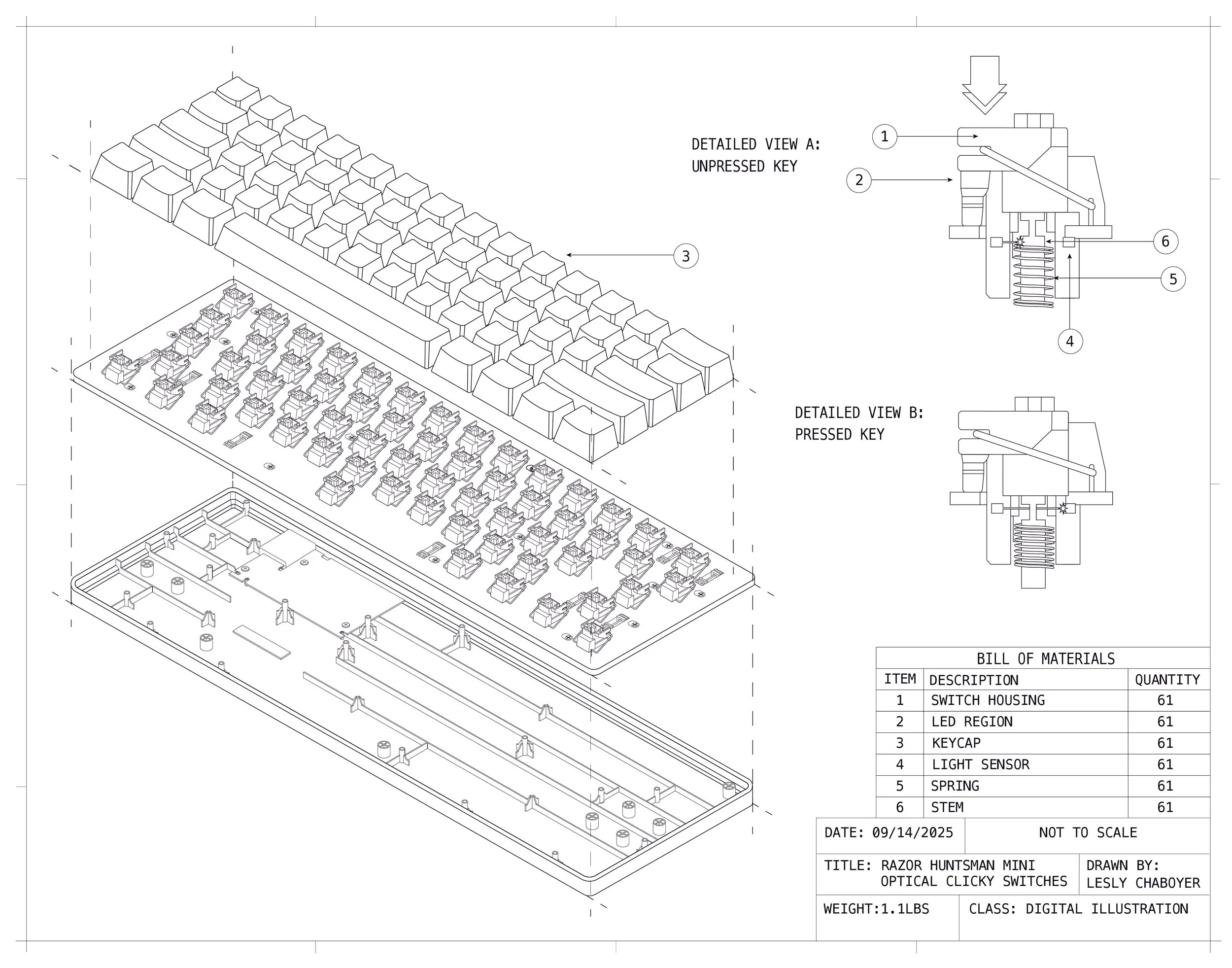 Technical schematic drawing of a Razor Huntsman Mini optical clicky keyboard, showing exploded view of components including switch housing, LED region, keycap, light sensor, spring, stem, and detailed views of unpressed and pressed keys.