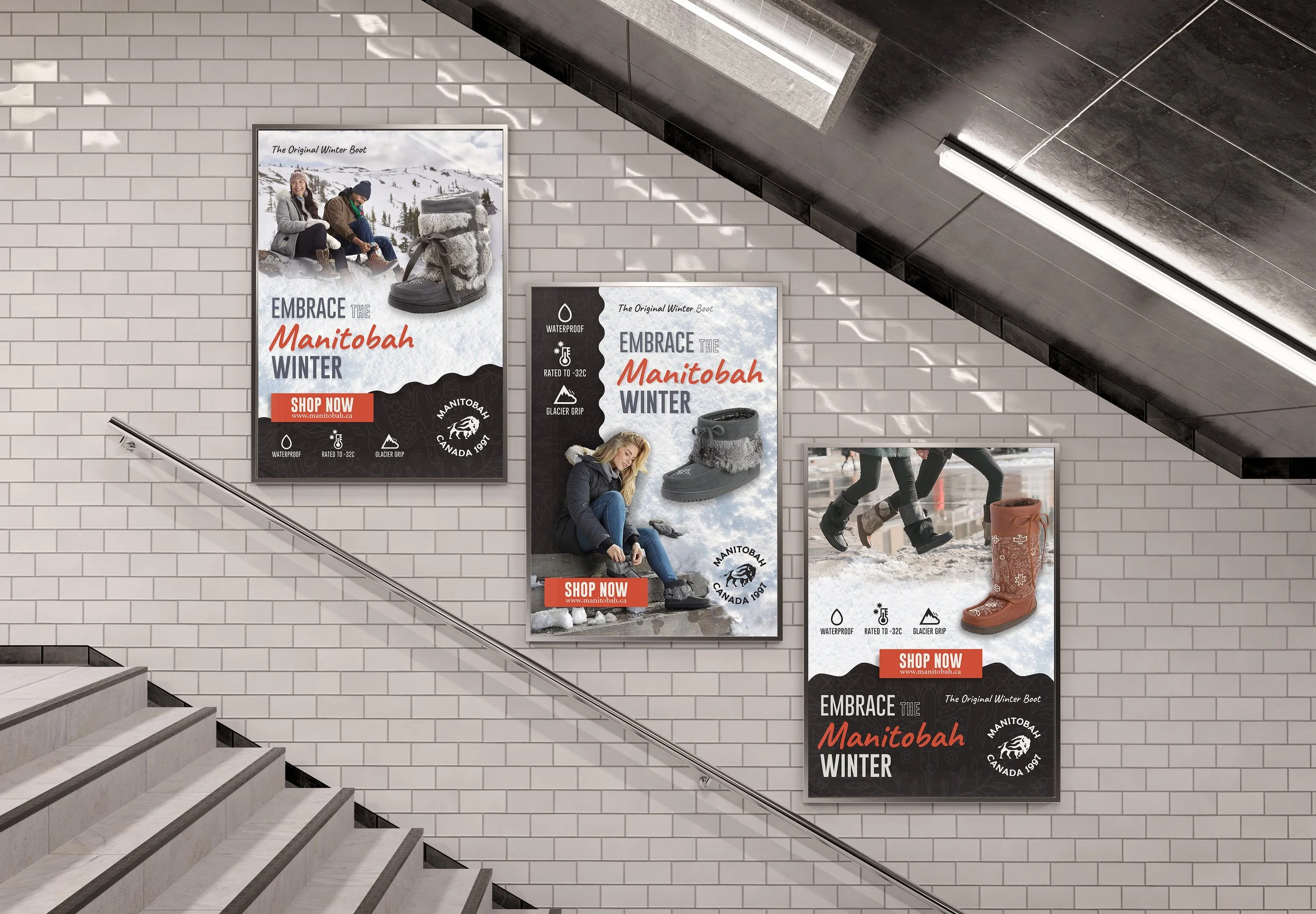 Three posters on a tiled wall in a stairwell advertising Manitoba winter boots, showing images of people wearing winter boots in snow, with call-to-action buttons for shopping now.