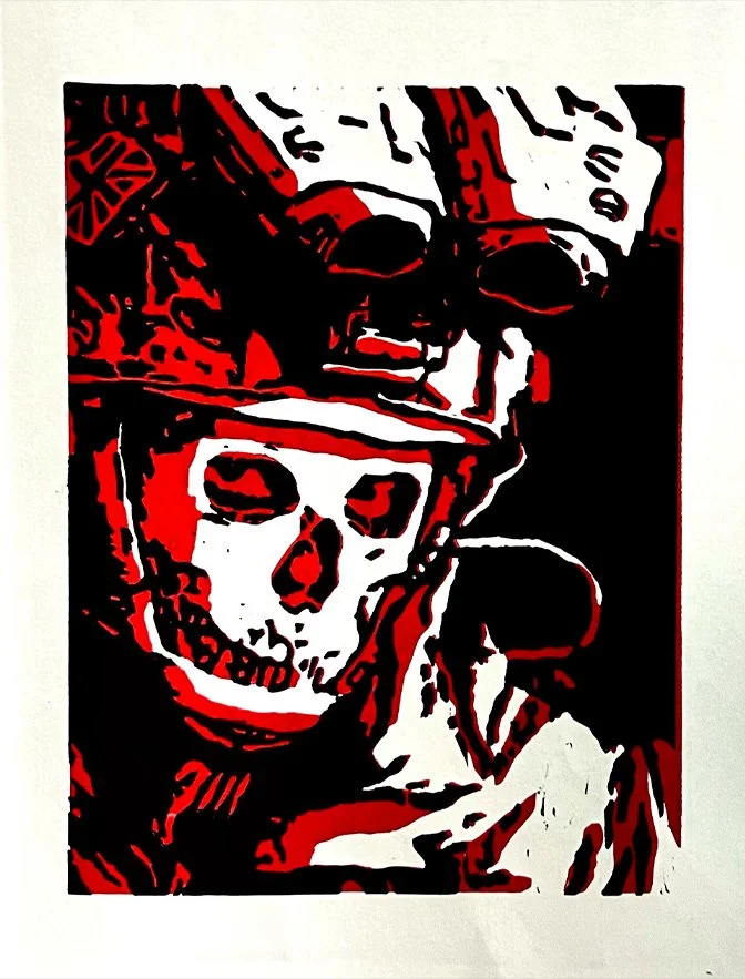 Stylized artwork of a skeleton wearing a military helmet with goggles, featuring a red, black, and white color scheme.