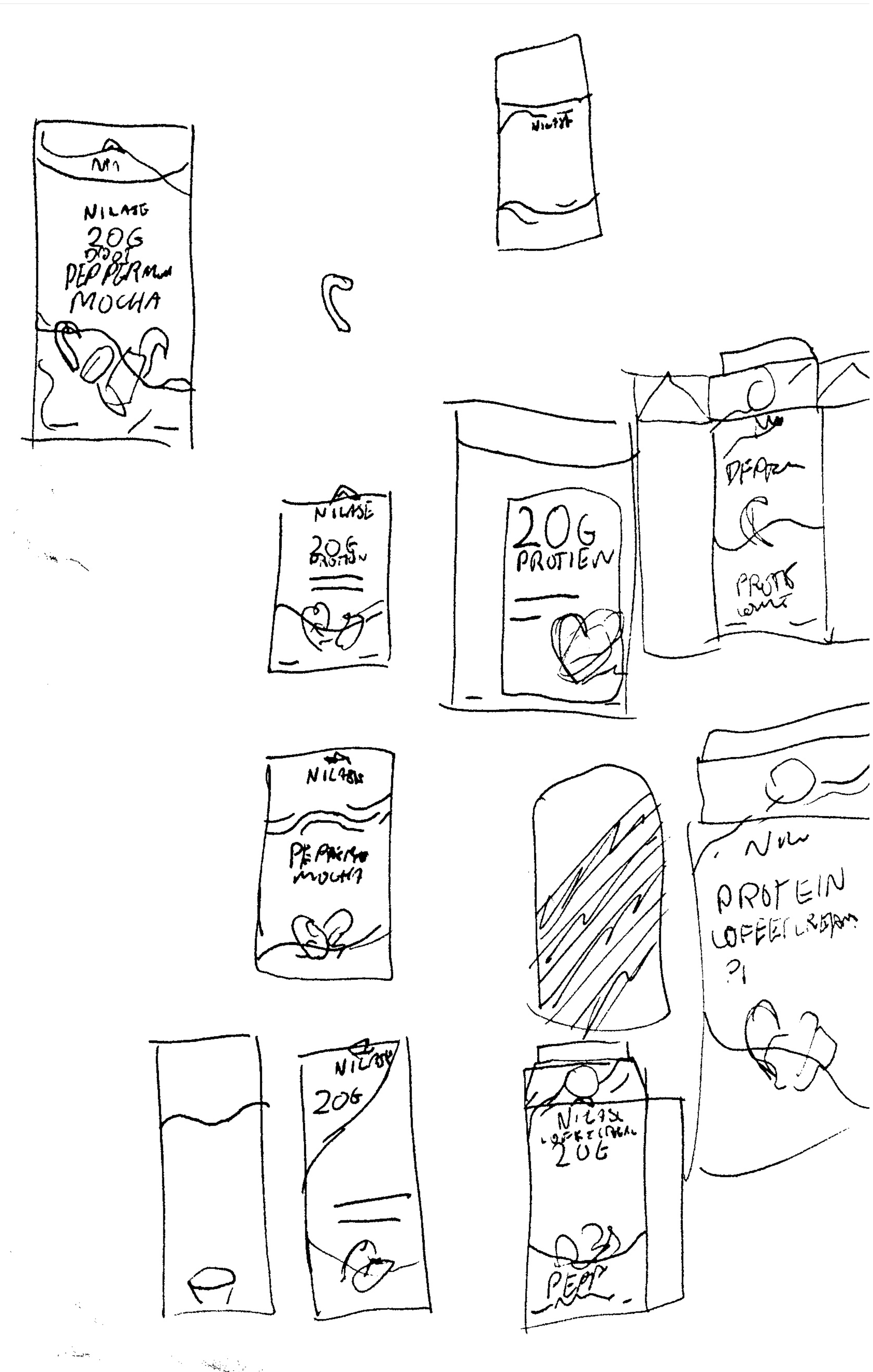 Sketch of various food and supplement packages with labels such as "20G PROTEIN," "PEPPERMINT MOCHA," and "NILSE."