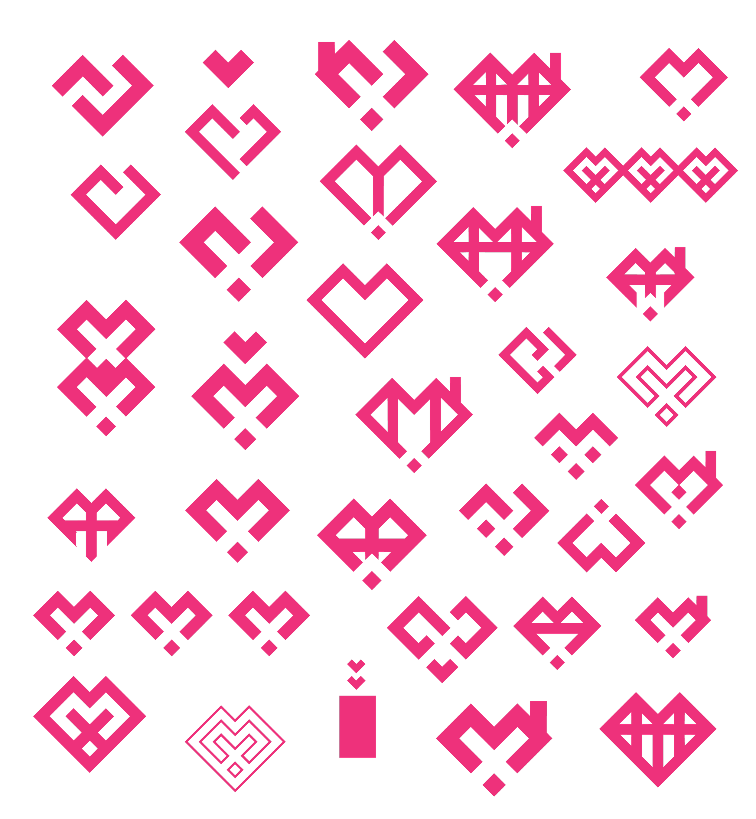 A set of pink pixelated geometric heart and arrow patterns on a black background, resembling digital or pixel art designs.