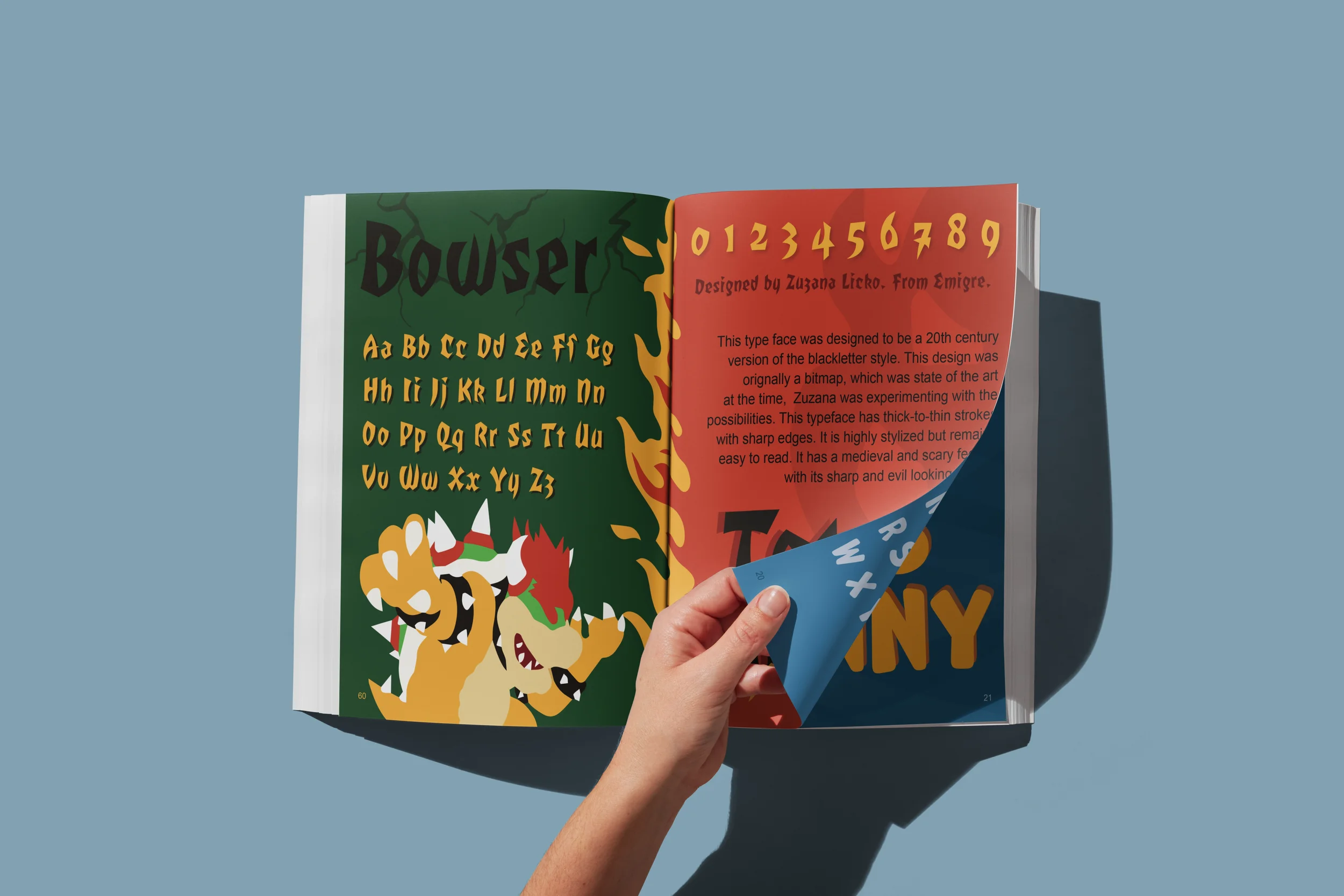 A person flipping through a colorful magazine shows a page about a typeface called 'Bowser,' featuring illustrations of Bowser from a video game, stylized alphabet characters, and a description of the font's design inspired by 20th-century blackletter style.