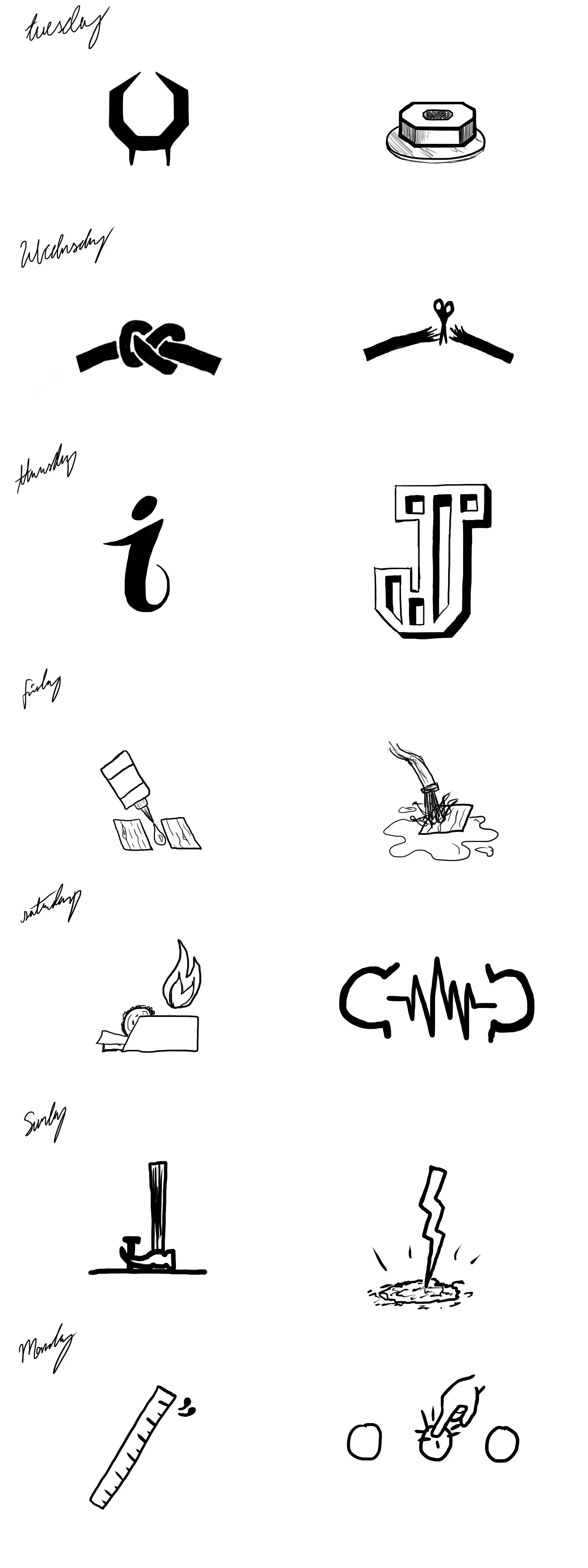 A visual poem using simple black and white illustrations and handwritten days of the week to spell out the phrase: "Tuesday welds, Wednesday ties, Thursday jumps, Friday fires, Saturday strikes, Sunday cracks, Monday sparks."