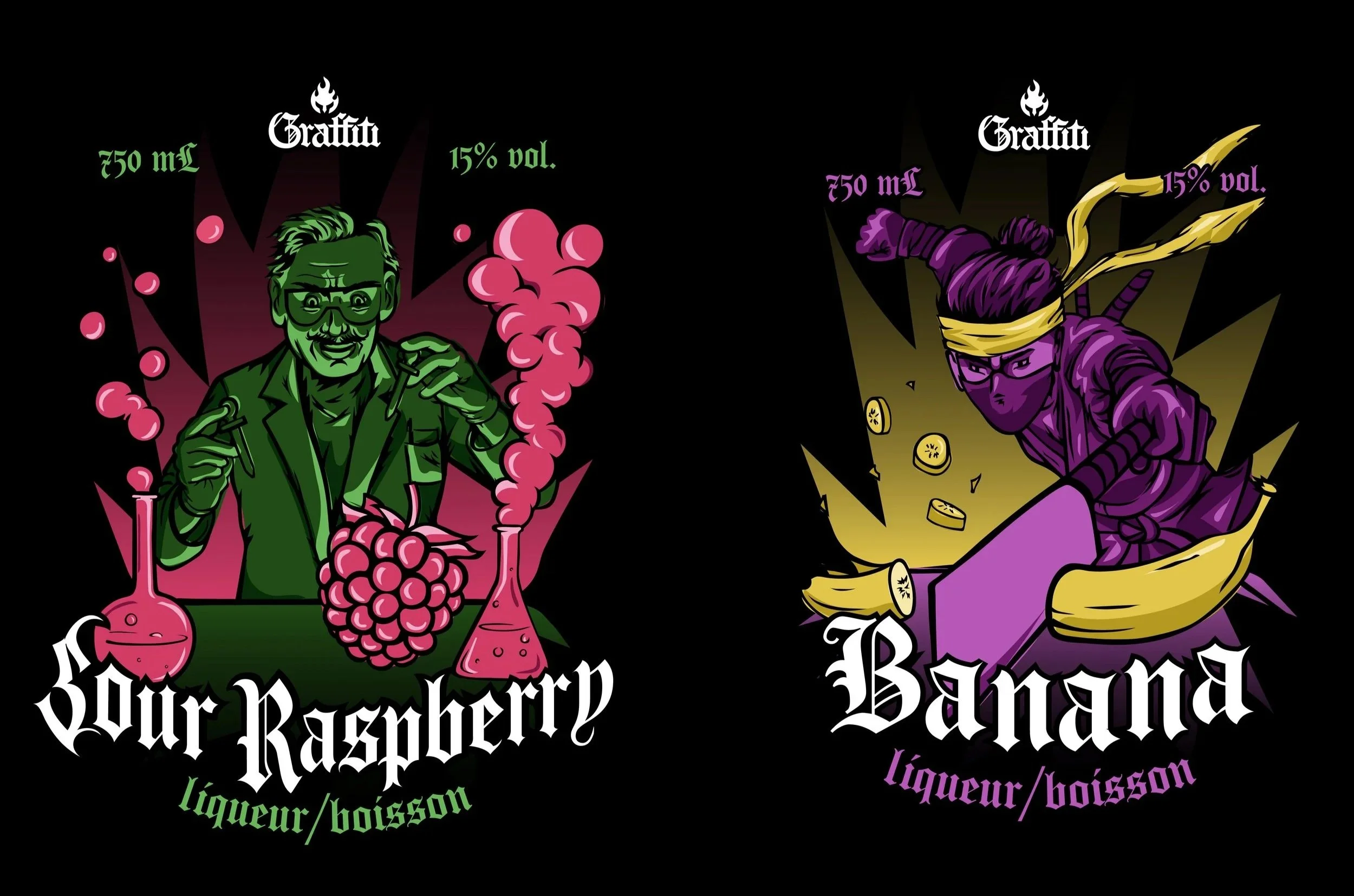 Two colorful illustrated labels for flavored liquor or drinks. The left label features an older man with glasses and a lab coat holding test tubes with grapes and pink smoke, labeled "Your Raspberry" in a Gothic font. The right label depicts a ninja-like figure in purple with yellow ribbons, surrounded by lemon slices, labeled "Banana" in gothic font. Both labels indicate 750 mL and 15% vol.