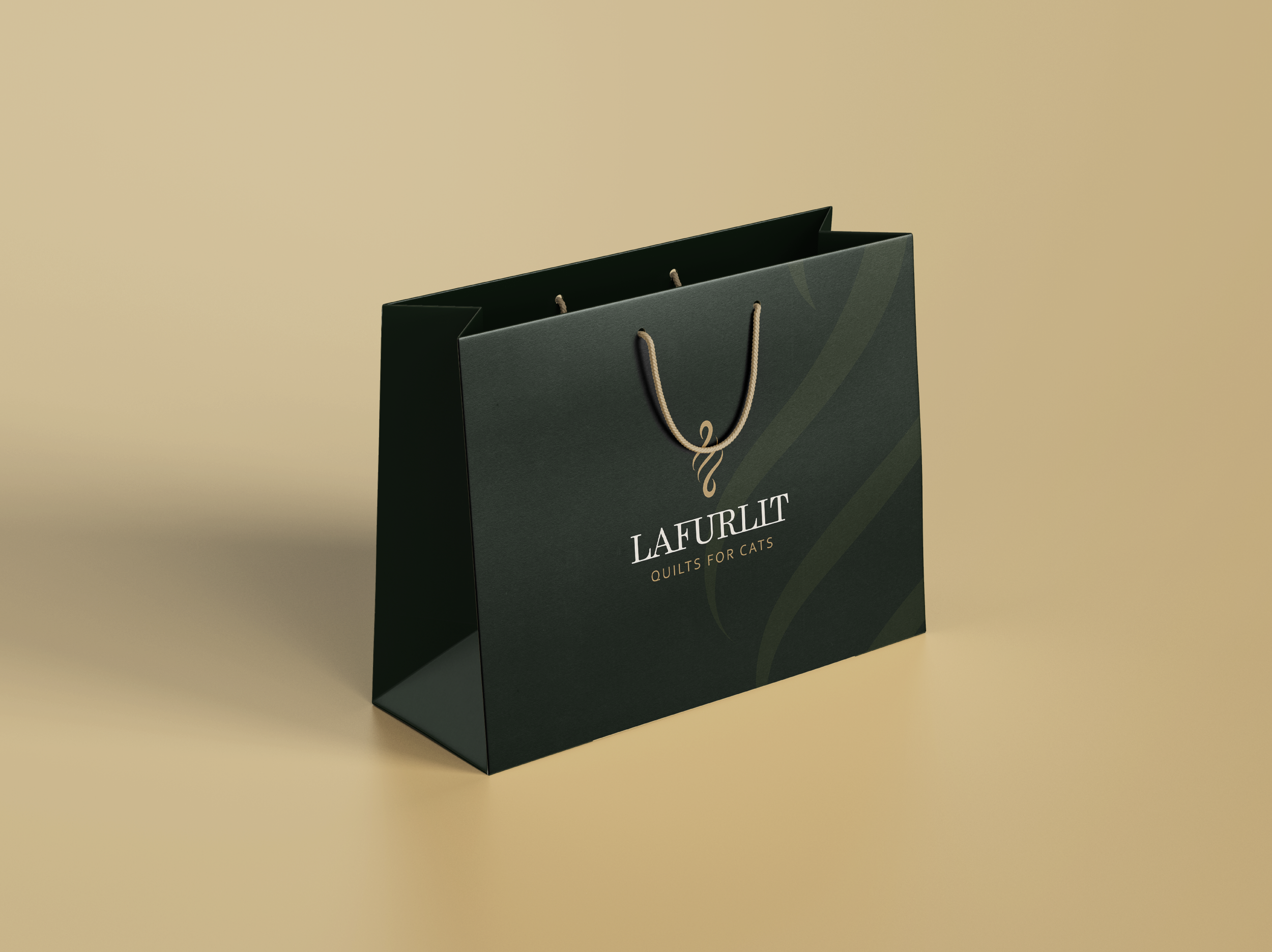 A dark green shopping bag with beige handles and the logo 'LAFURLIT' along with the text 'Quilts for Cats' on a plain beige background.