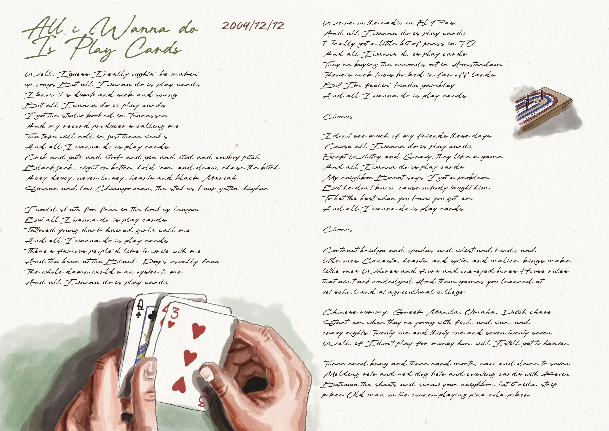 Hand holding playing cards, including a three of hearts, a four of hearts, and other cards. Illustration of handwritten lyrics titled 'All I Wanna Do Is Play Cards' with a small drawing of a record player in the top right corner.