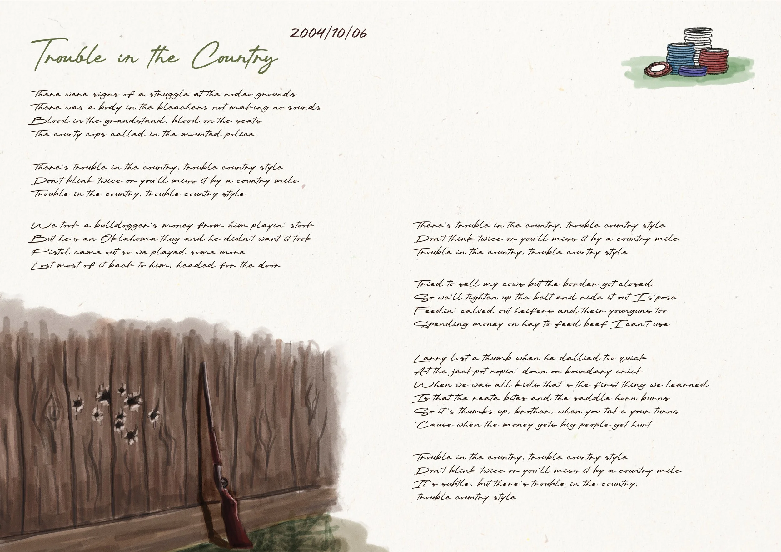 A handwritten note titled "Trouble in the Country" with a date of 2004/10/06. The note contains handwritten lyrics of a country song, with a small illustration of a pile of poker chips in the top right corner and a watercolor painting of a wooden fence with a hunting rifle leaning against it at the bottom left.