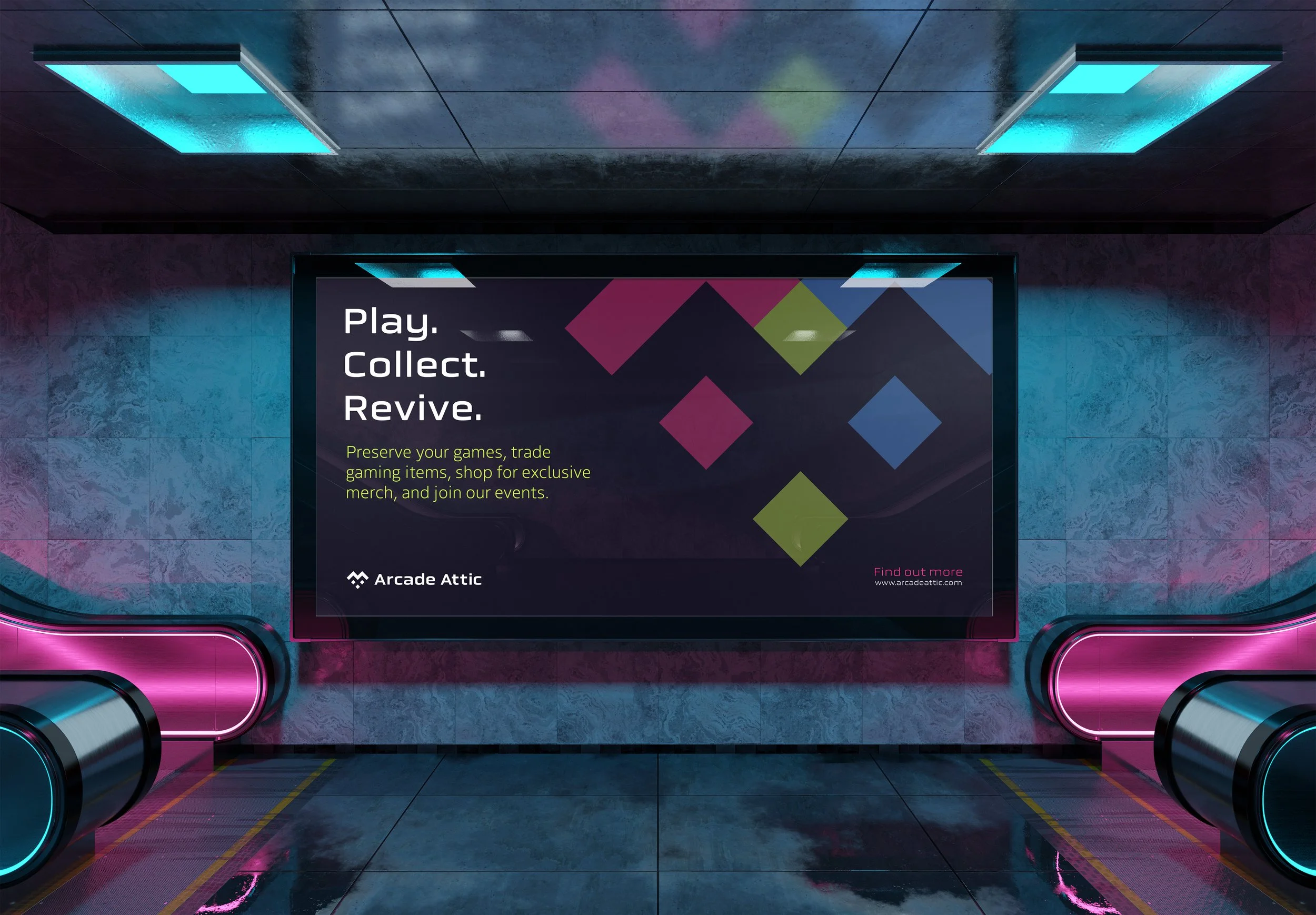 Neon-lit arcade entrance with a large digital display promoting gaming, collecting, and reviving games, with escalators on either side.