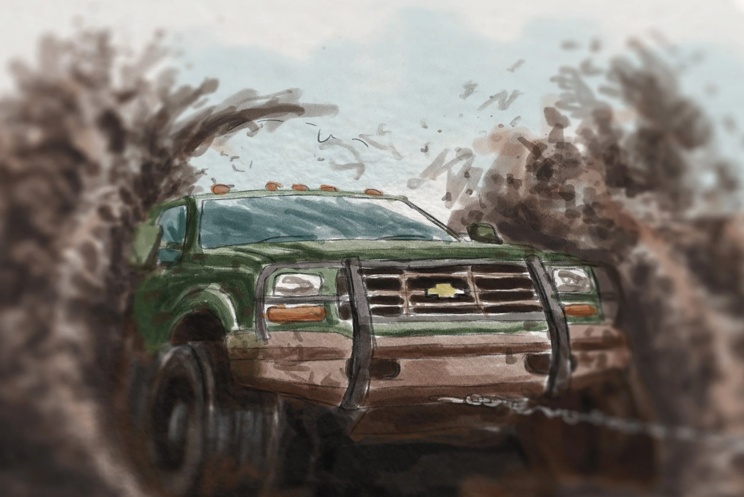 A green Chevrolet pickup truck driving through a dusty, smoky landscape with trees on both sides.
